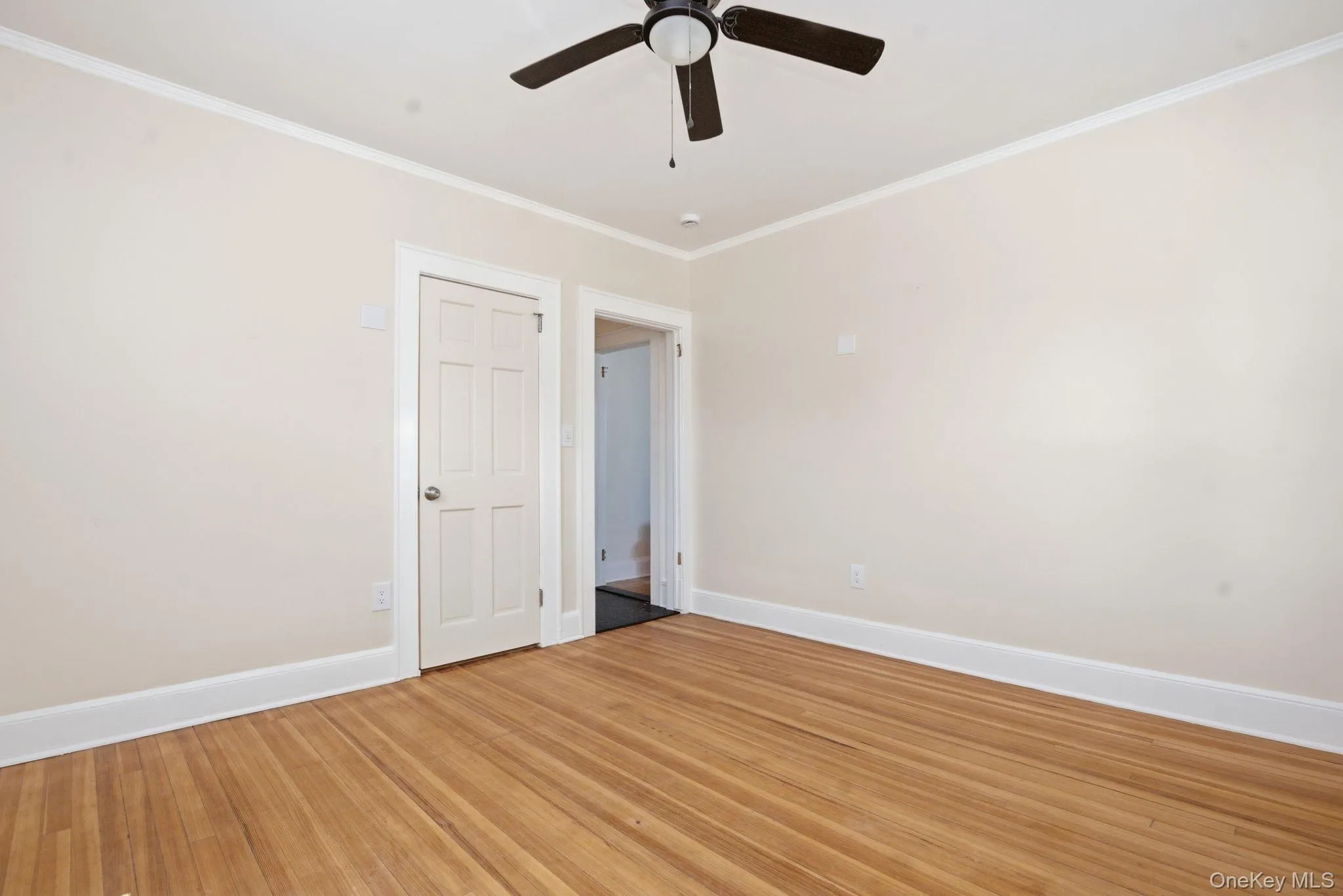 Room featuring wood-finish flooring, white baseboards, and crown molding Room featuring wood-finish flooring, white baseboards, and crown molding
