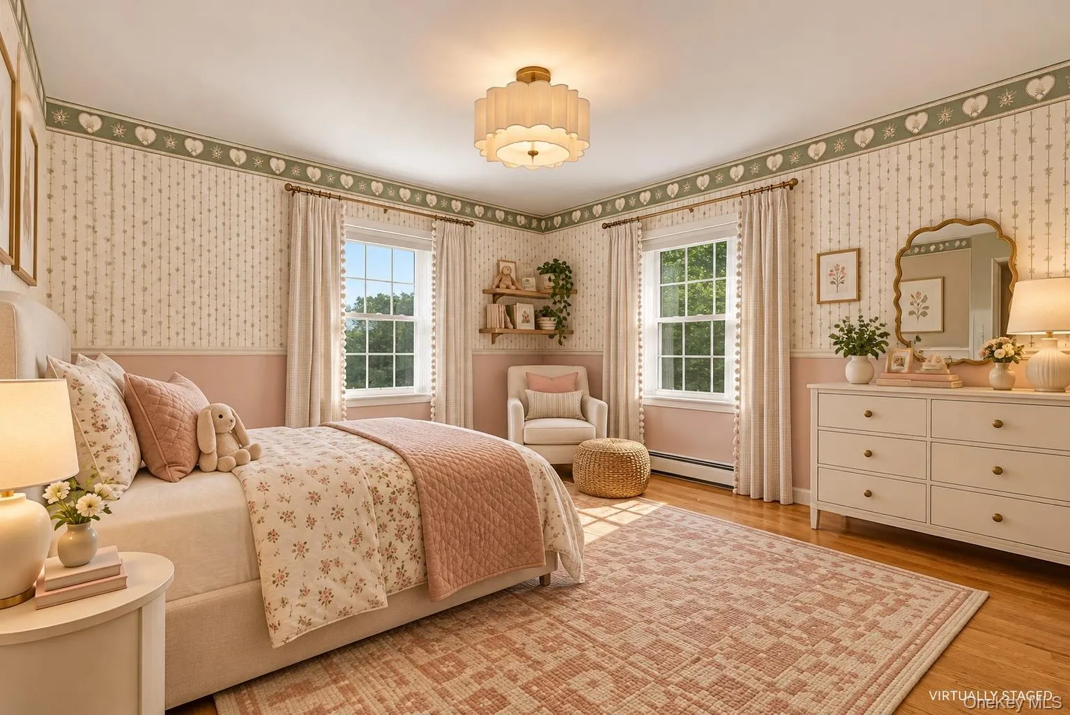 We've embraced the pink and wallpaper and wrapped it up with a modern light fixture and furnishings in this virtually imagined and comfortable room. We've embraced the pink and wallpaper and wrapped it up with a modern light fixture and furnishings in this virtually imagined and comfortable room.