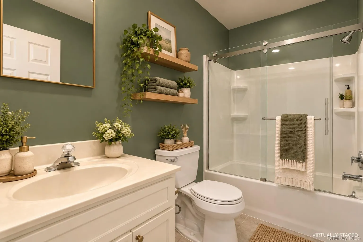 Same space - new color! We've imagined this bath with a painted vanity and swapped out the glass doors - that it! New coat of paint and its a spa sanctuary. Same space - new color! We've imagined this bath with a painted vanity and swapped out the glass doors - that it! New coat of paint and its a spa sanctuary.