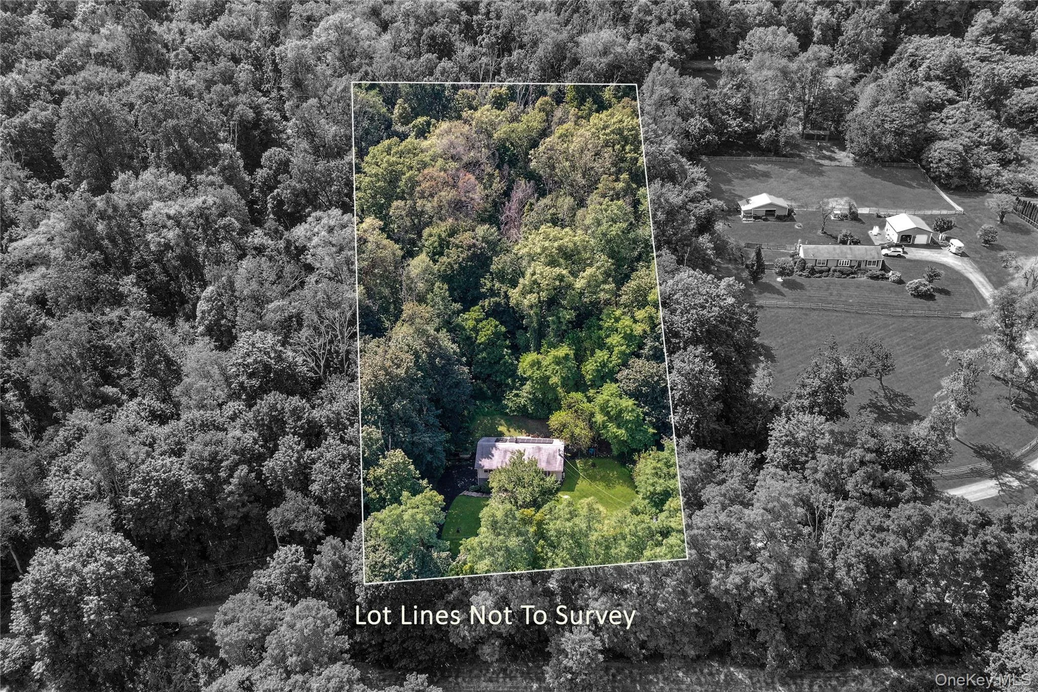 Aerial view of property's location with a heavily wooded area and property parcel outlined Aerial view of property's location with a heavily wooded area and property parcel outlined