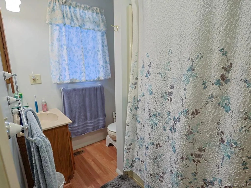 Bathroom with vanity, a shower with curtain, toilet, and wood finished floors Bathroom with vanity, a shower with curtain, toilet, and wood finished floors