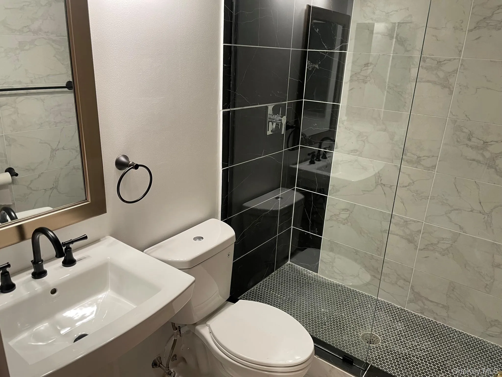 Full bathroom featuring toilet, a walk in shower, and a sink Full bathroom featuring toilet, a walk in shower, and a sink