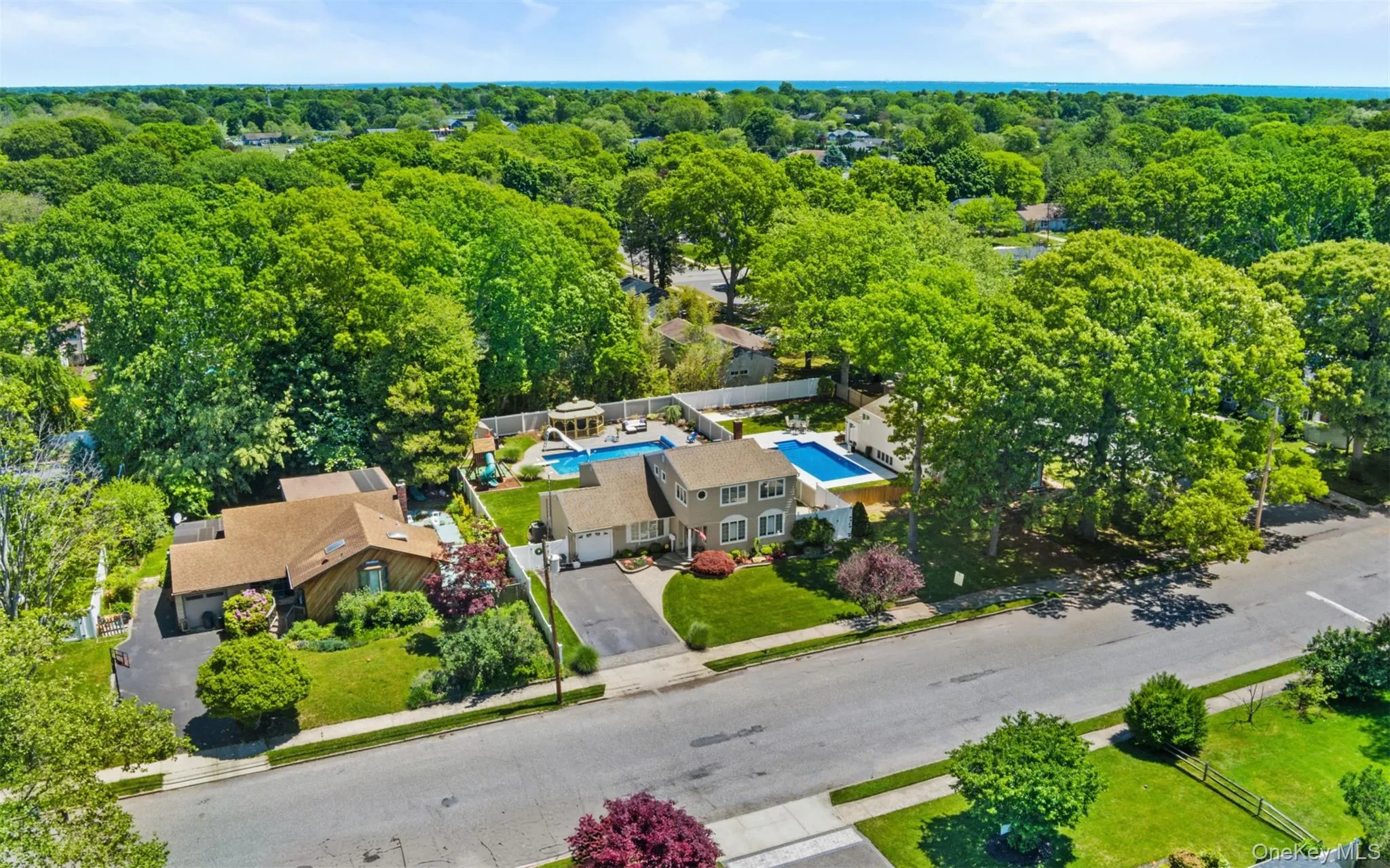 Aerial representation showcasing a residential property with a rectangular swimming pool, surrounded by mature trees Aerial representation showcasing a residential property with a rectangular swimming pool, surrounded by mature trees