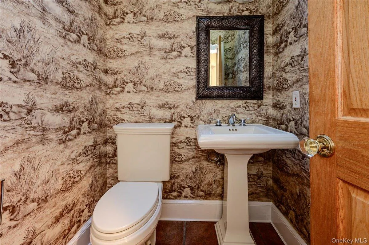 Super powder room with tile floors and Kohler fixtures Super powder room with tile floors and Kohler fixtures