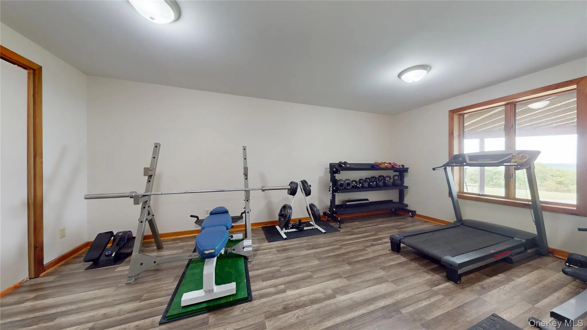 Dedicated fitness area featuring wood-finish flooring and a large window Dedicated fitness area featuring wood-finish flooring and a large window