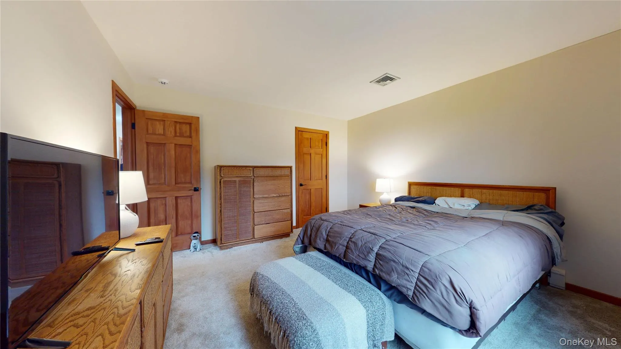 Spacious room featuring neutral painted walls, light carpet flooring, and multiple wood-paneled doors with black hardware Spacious room featuring neutral painted walls, light carpet flooring, and multiple wood-paneled doors with black hardware
