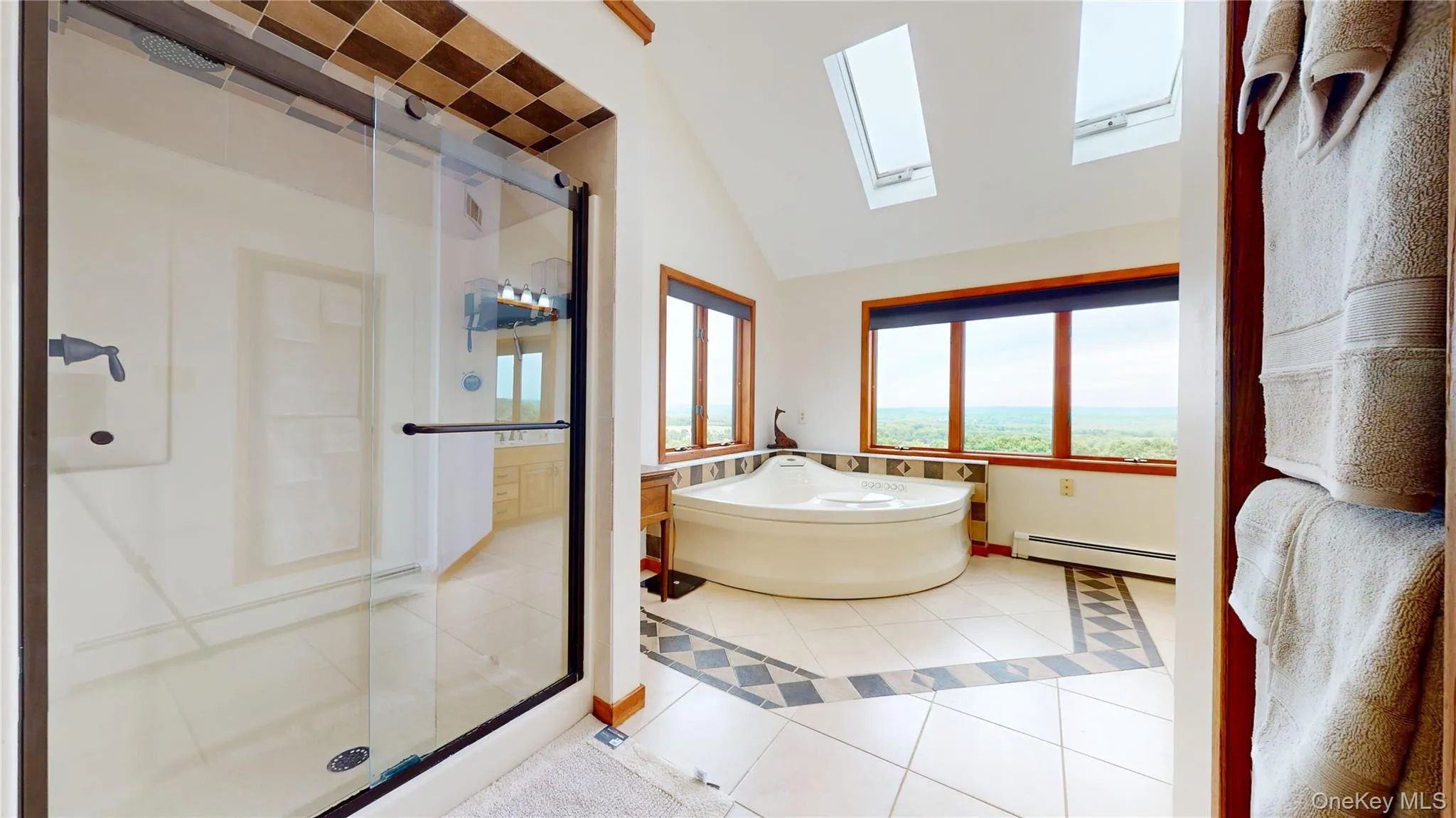 Spacious bathroom featuring a built-in jetted tub, multiple windows, two skylights, a glass-enclosed shower, and tile flooring with decorative accents Spacious bathroom featuring a built-in jetted tub, multiple windows, two skylights, a glass-enclosed shower, and tile flooring with decorative accents
