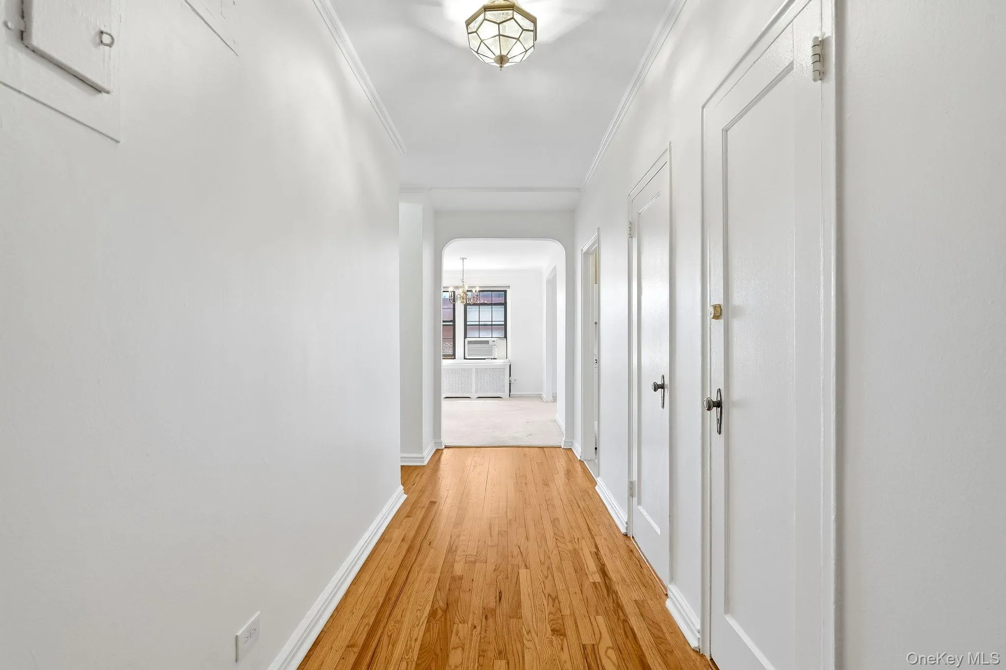 Entry hallway featuring wood-finish flooring, crisp white walls, and closets to the right. Entry hallway featuring wood-finish flooring, crisp white walls, and closets to the right.