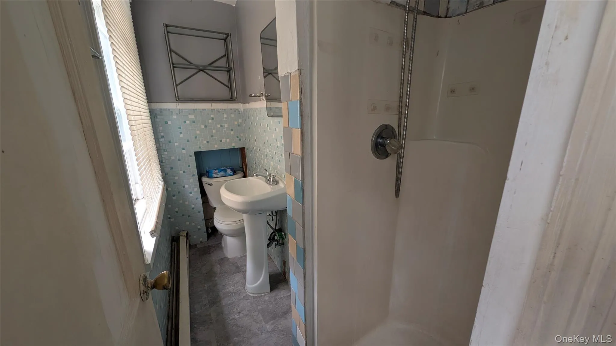 Bathroom featuring a stall shower with chrome fixtures, a pedestal sink, and a toilet Bathroom featuring a stall shower with chrome fixtures, a pedestal sink, and a toilet