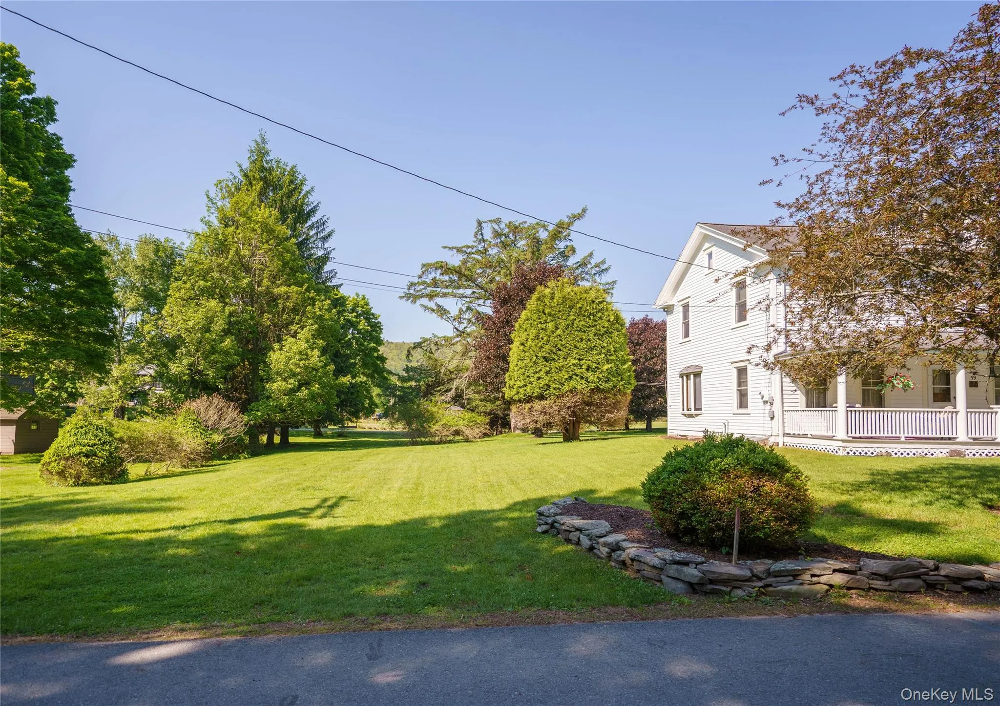 Expansive front lawn with mature trees and a stone retaining wall Expansive front lawn with mature trees and a stone retaining wall