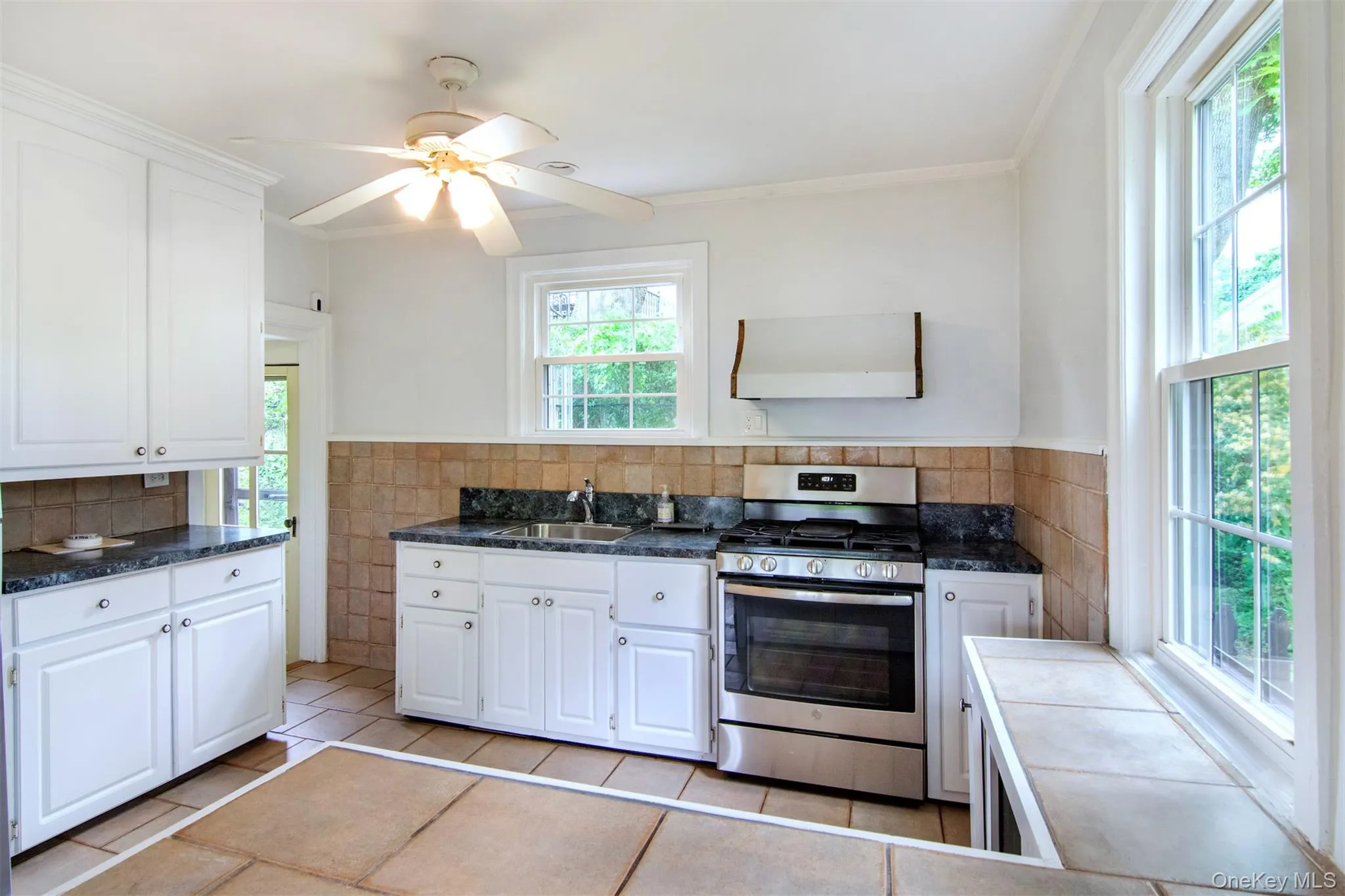 Kitchen including ceiling fan with integrated lighting Kitchen including ceiling fan with integrated lighting