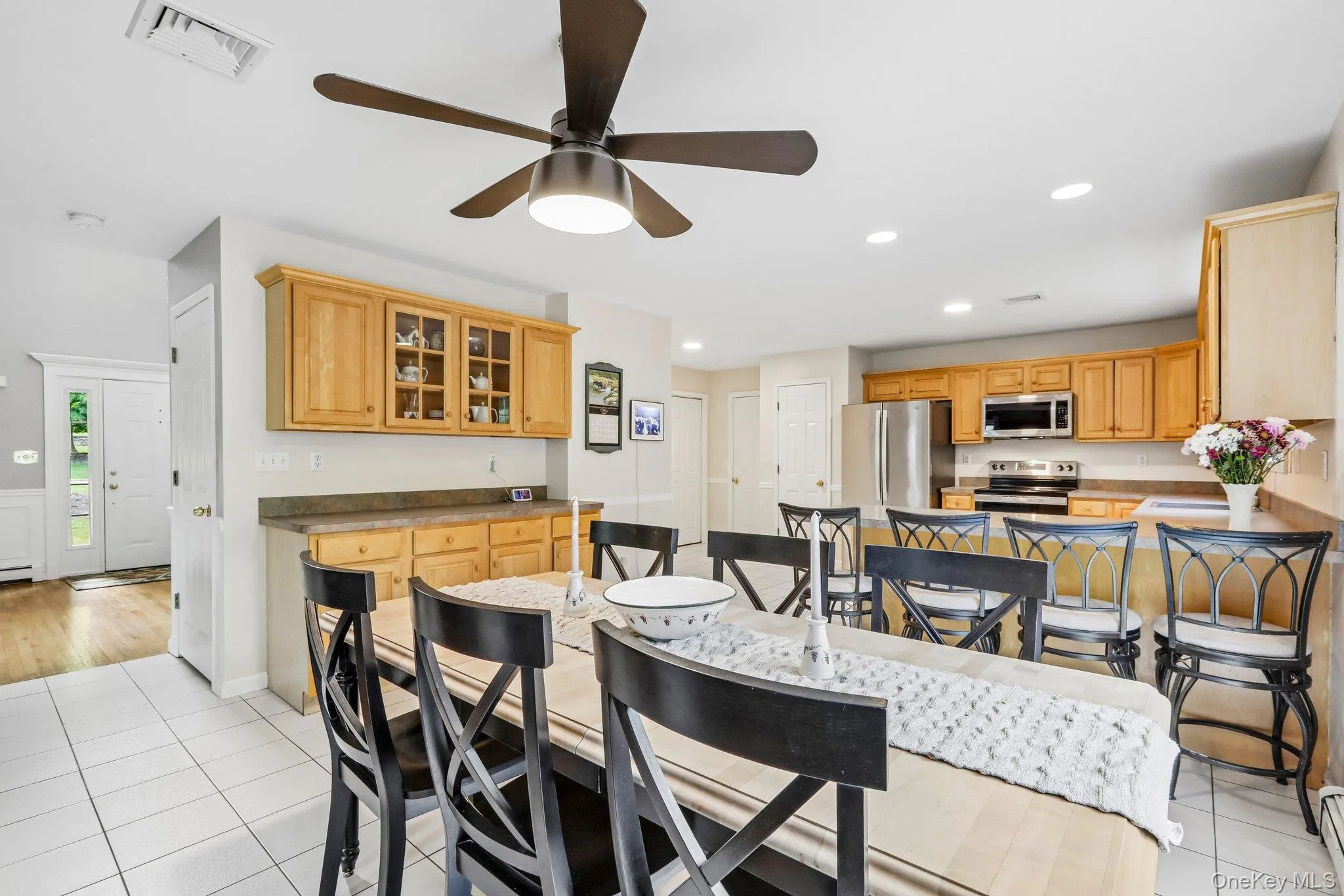 Large kitchen with tile floors. Large kitchen with tile floors.