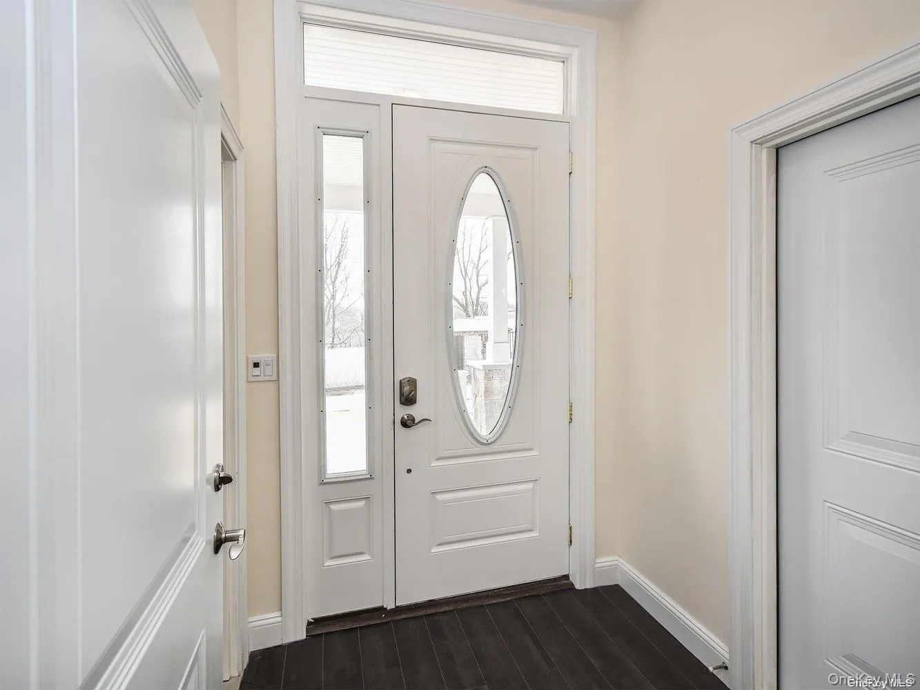Entryway featuring a white door with an oval glass insert, a sidelight, and a transom window Entryway featuring a white door with an oval glass insert, a sidelight, and a transom window