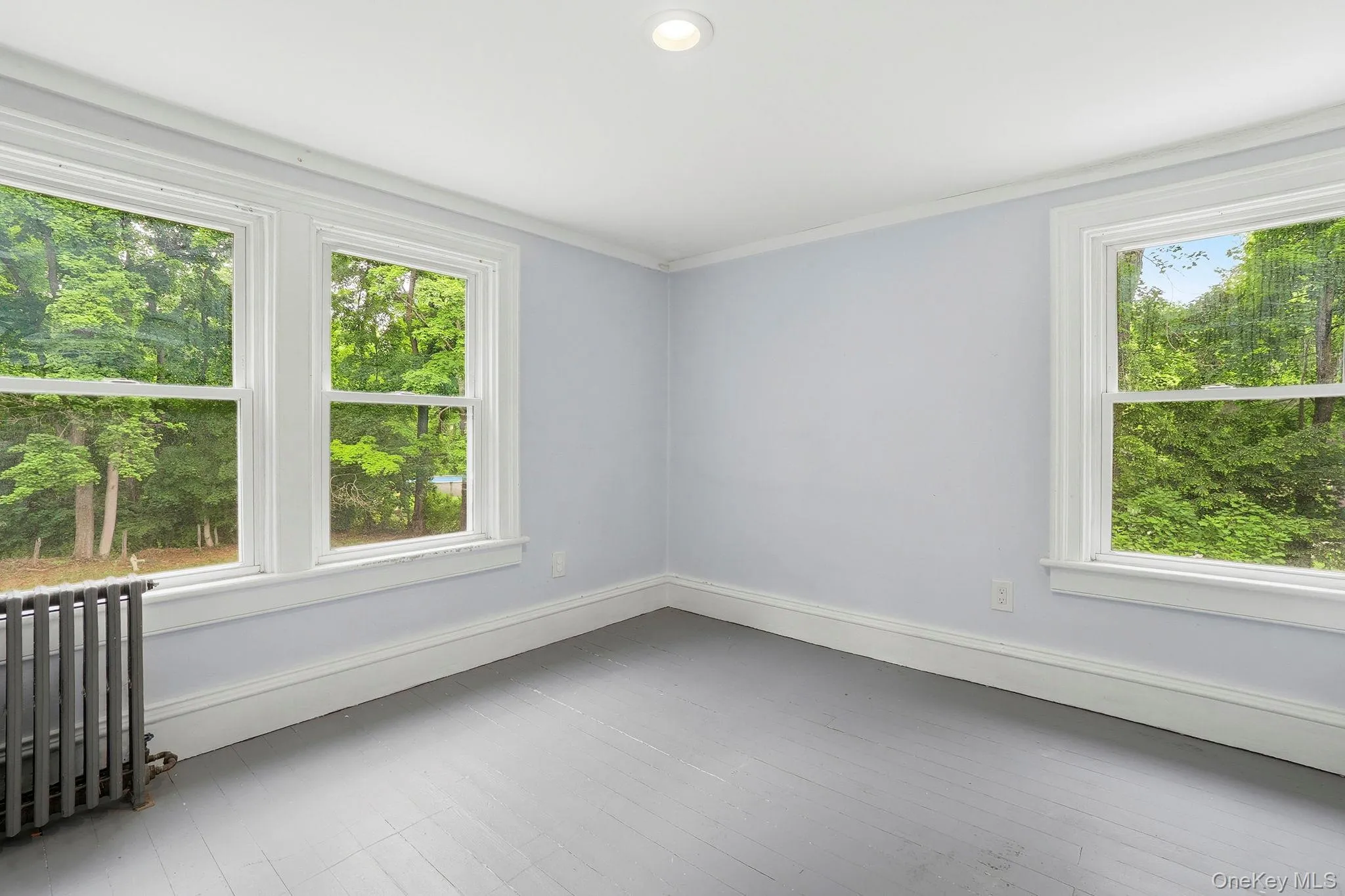 Interior space featuring two windows with white trim, light blue wall paint, gray wood-finish flooring, and a ceiling-mounted recessed light Interior space featuring two windows with white trim, light blue wall paint, gray wood-finish flooring, and a ceiling-mounted recessed light