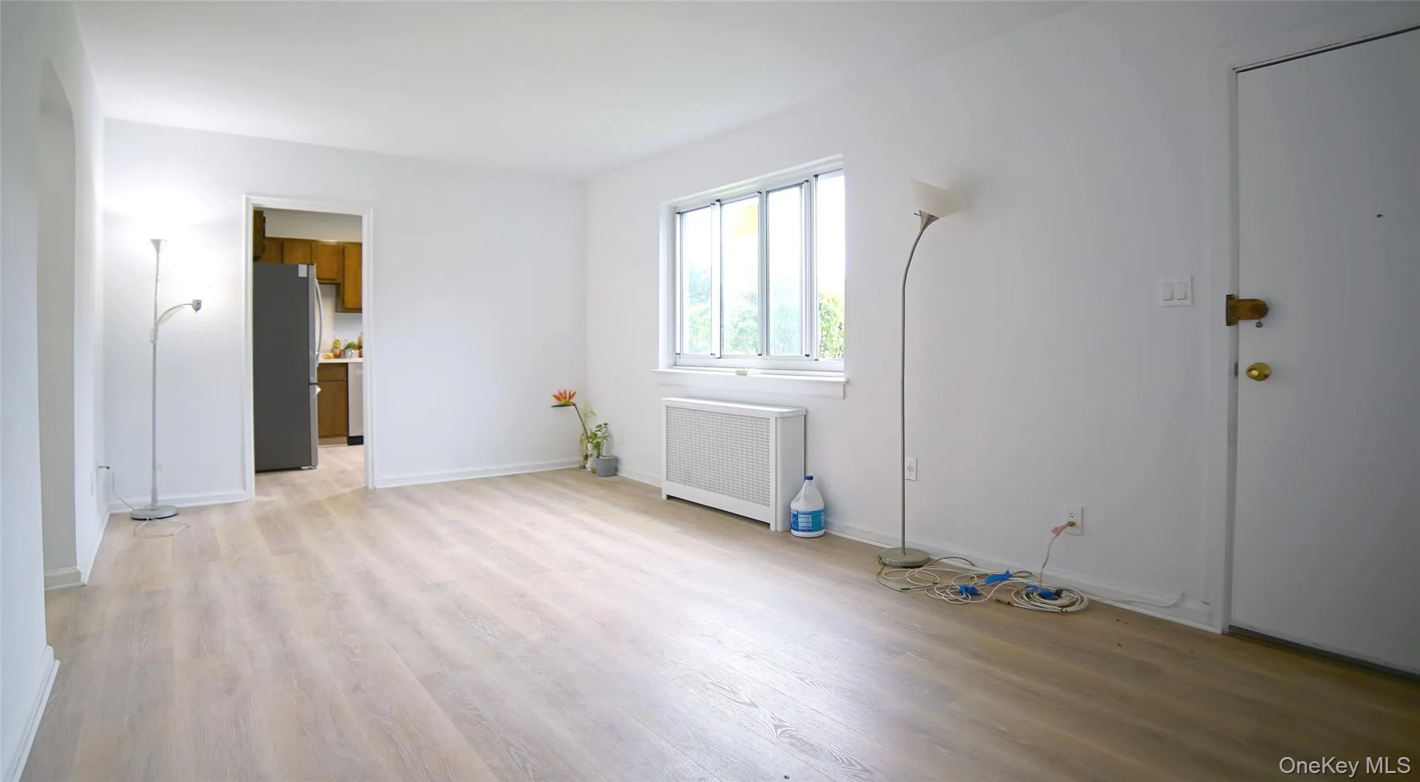 Empty room with light wood-style flooring, baseboards, and radiator heating unit Empty room with light wood-style flooring, baseboards, and radiator heating unit