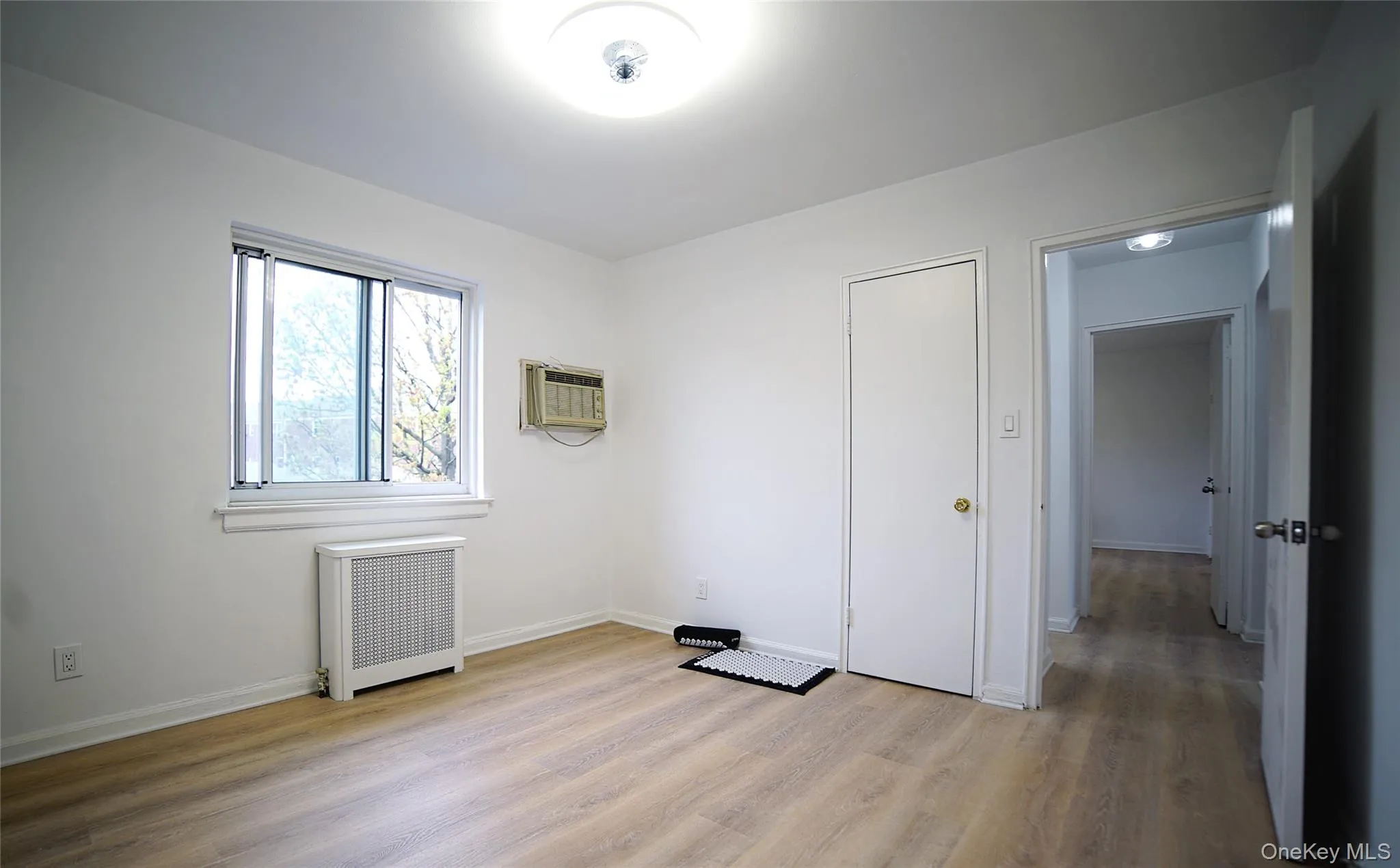 Empty room featuring baseboards, radiator, light wood-type flooring, and a wall mounted AC Empty room featuring baseboards, radiator, light wood-type flooring, and a wall mounted AC