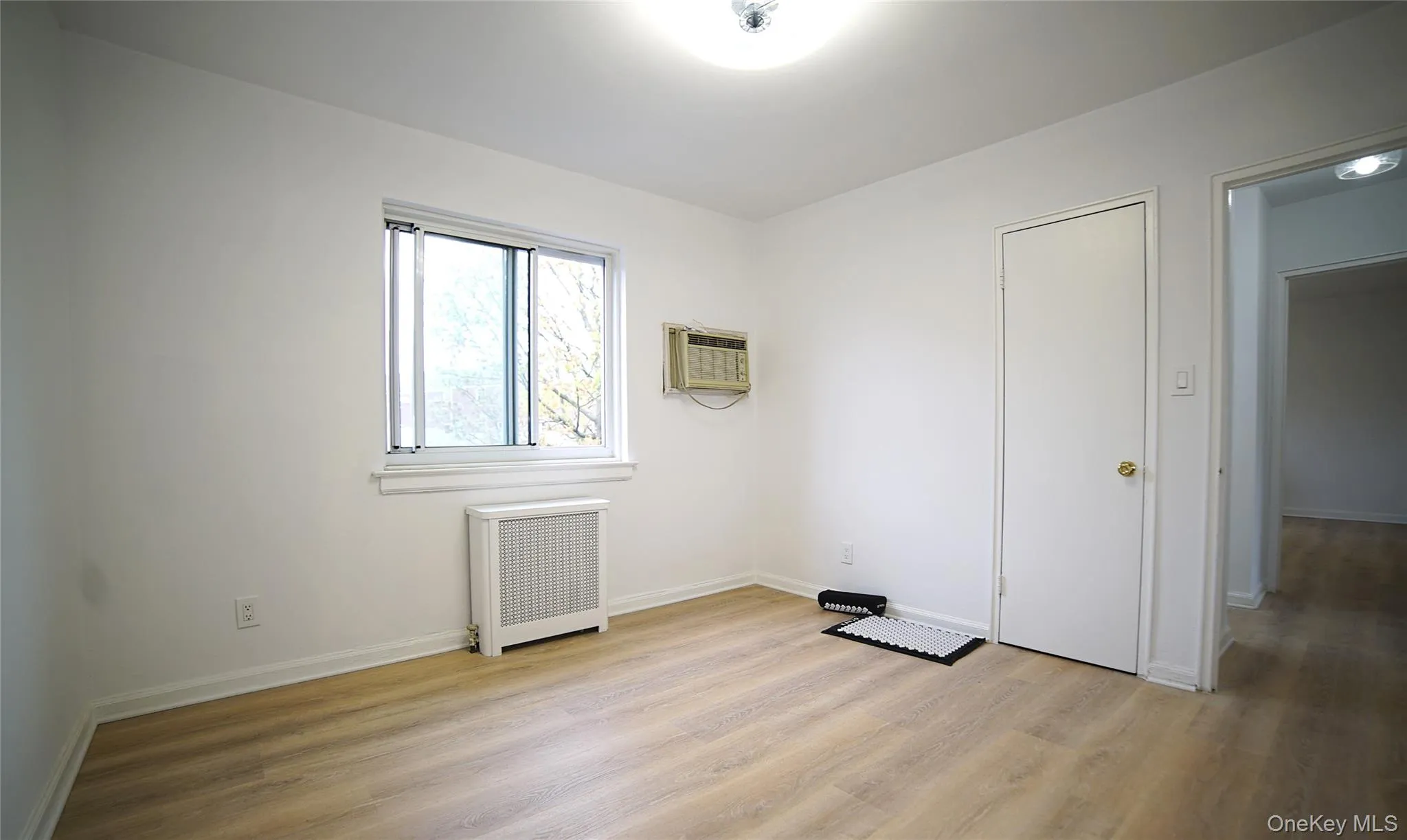 Empty room with radiator, light wood finished floors, and a wall mounted air conditioner Empty room with radiator, light wood finished floors, and a wall mounted air conditioner