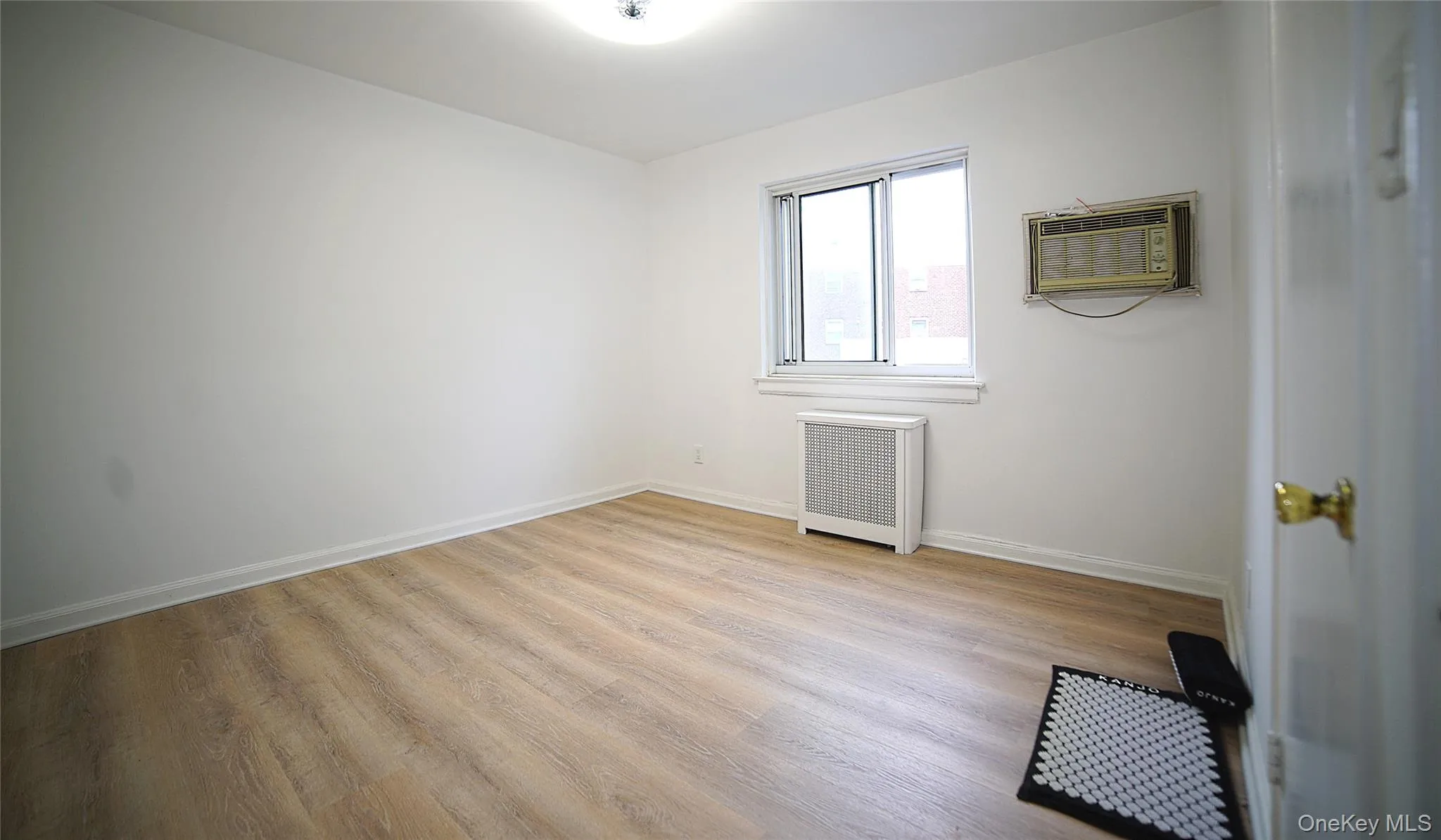 Empty room featuring baseboards, radiator, light wood-type flooring, and a wall mounted AC Empty room featuring baseboards, radiator, light wood-type flooring, and a wall mounted AC