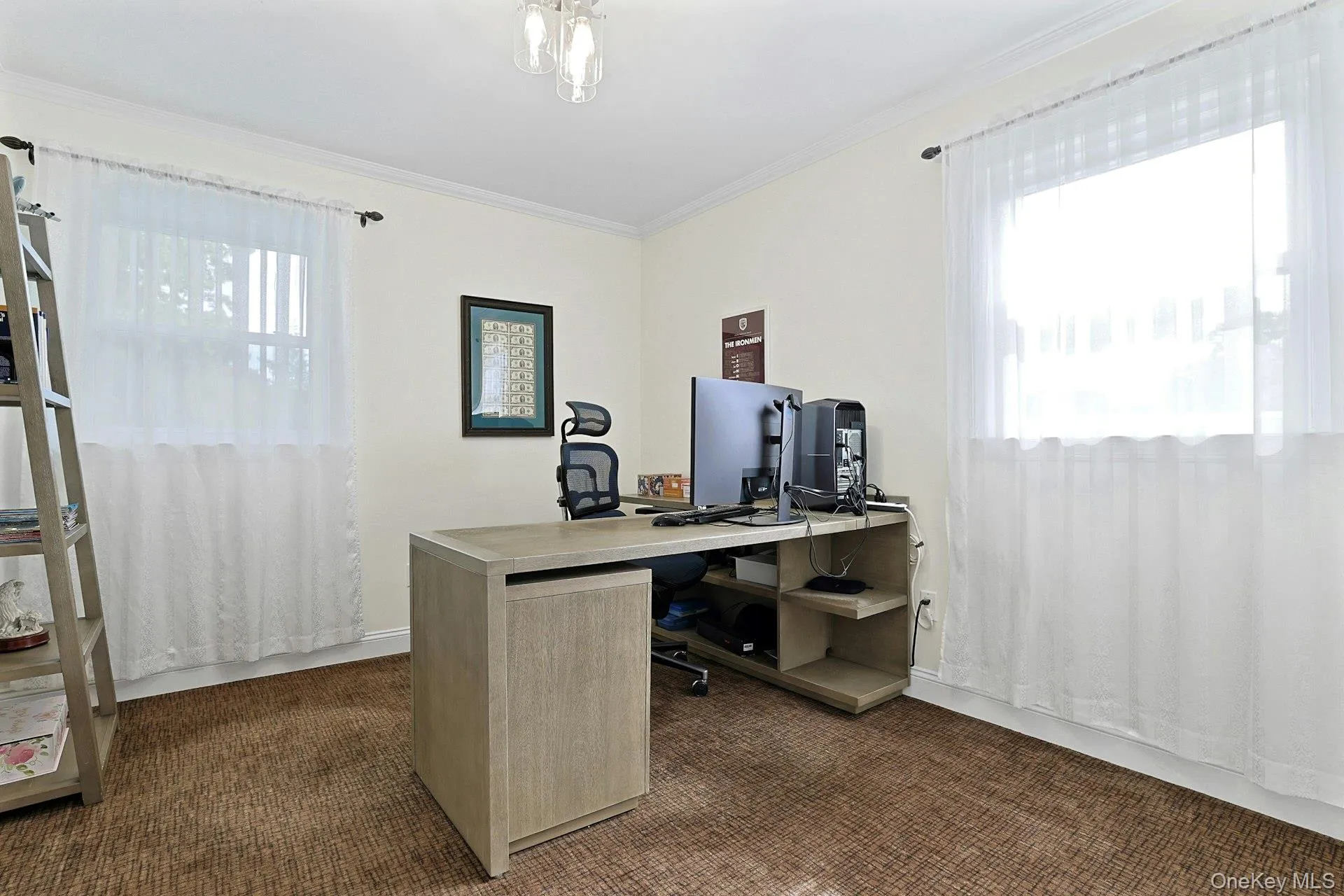 Room with two large windows, crown molding, and textured carpeting Room with two large windows, crown molding, and textured carpeting