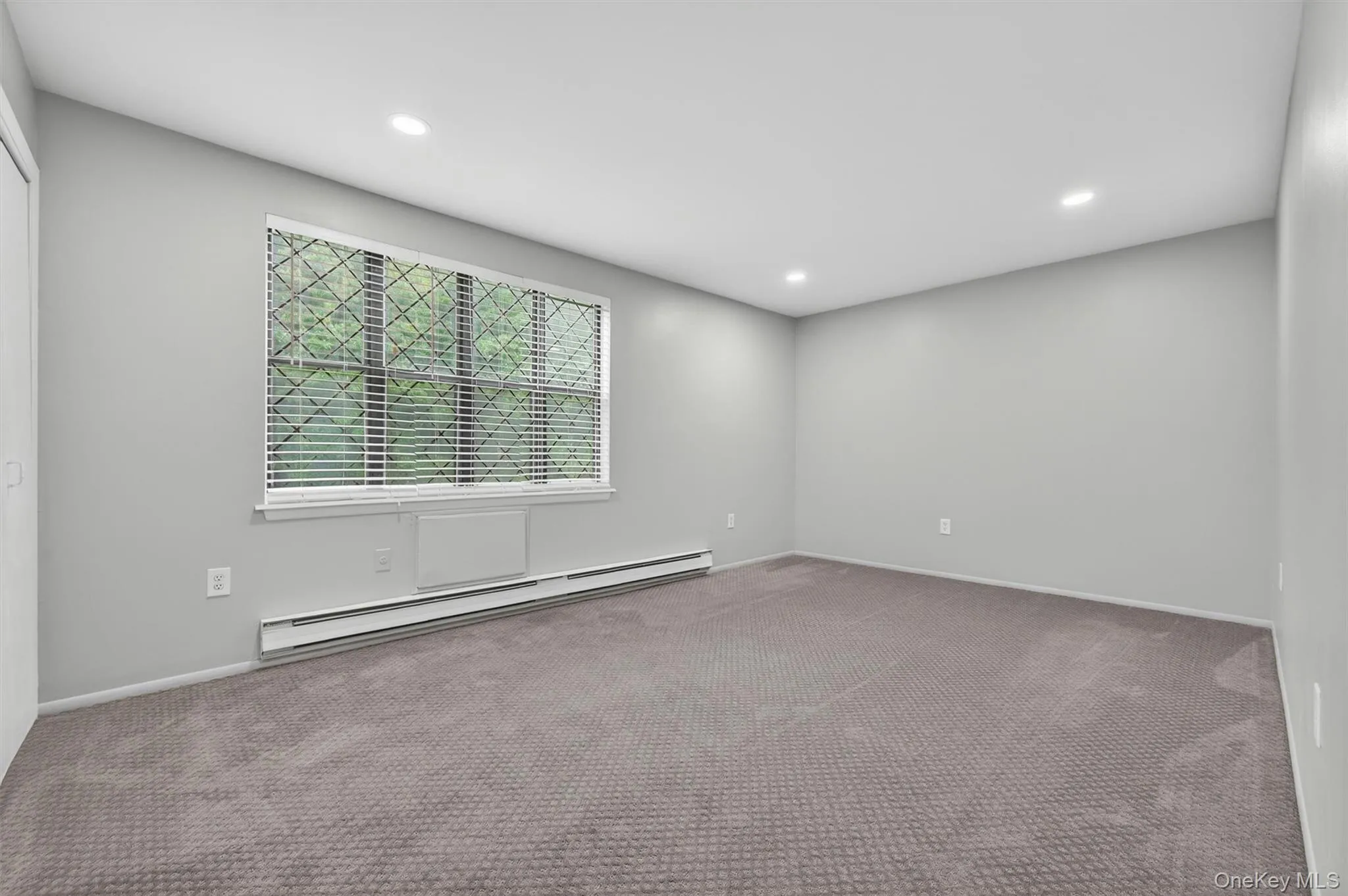 Carpeted room with a large window featuring horizontal blinds and decorative security bars Carpeted room with a large window featuring horizontal blinds and decorative security bars