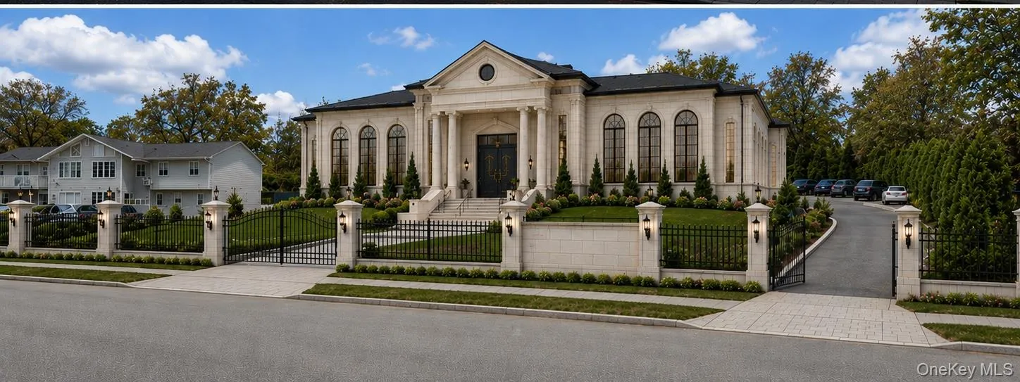Stately stone facade with a grand portico entry Stately stone facade with a grand portico entry