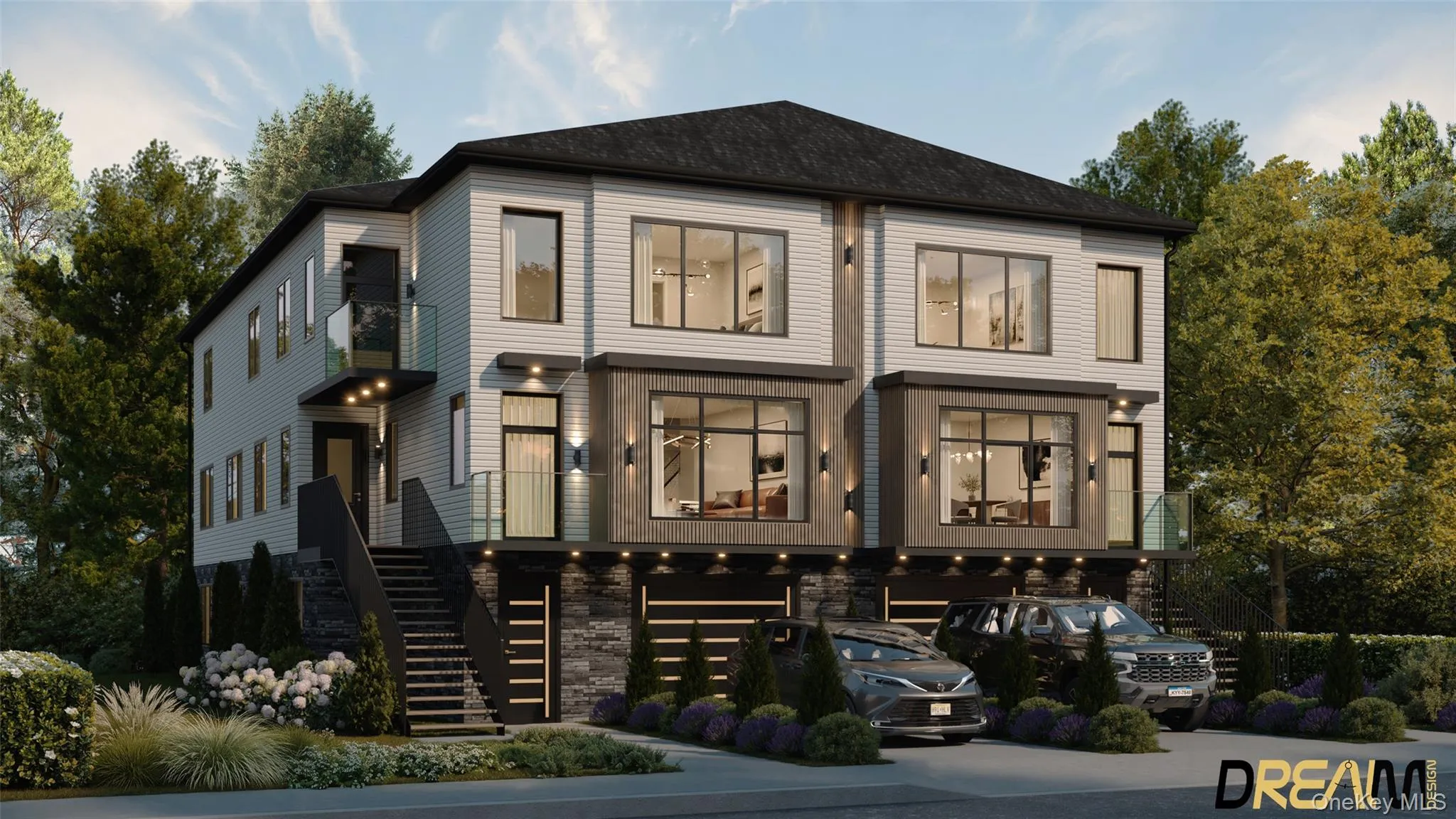 Contemporary duplex residence featuring a dark shingle roof, light-toned siding, and dark stone-finish accents Contemporary duplex residence featuring a dark shingle roof, light-toned siding, and dark stone-finish accents