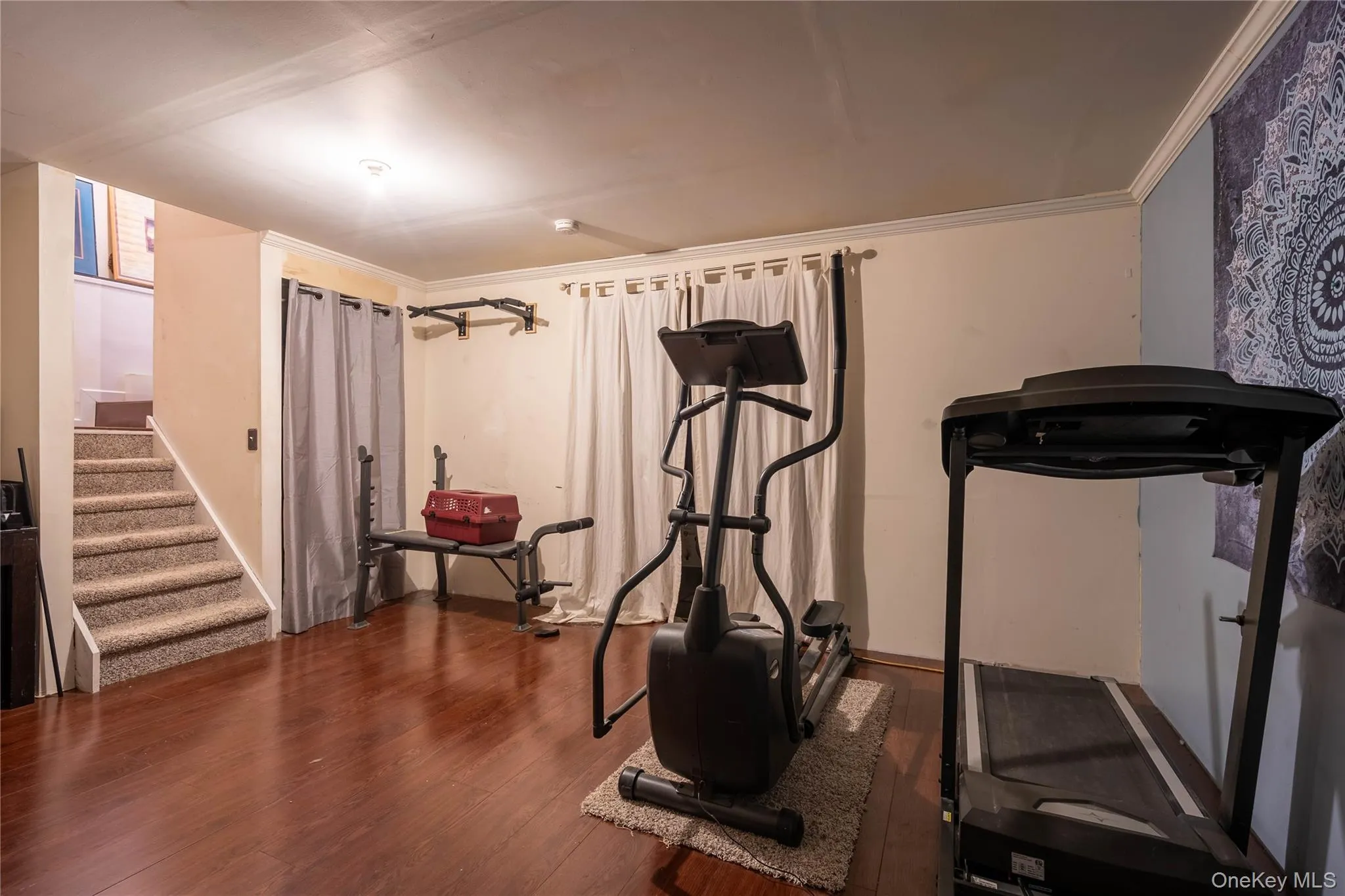 Exercise area featuring dark wood-style flooring and crown molding Exercise area featuring dark wood-style flooring and crown molding