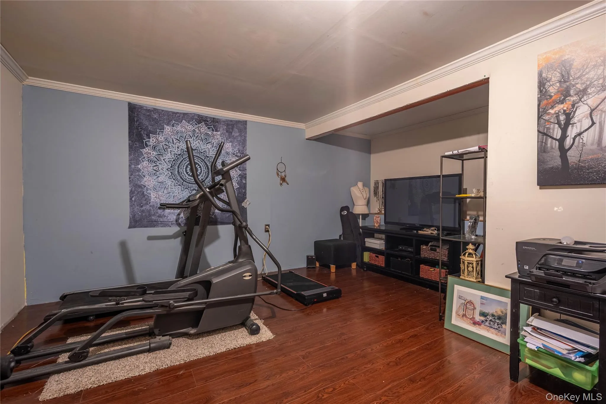 Exercise area featuring crown molding and dark wood finished floors Exercise area featuring crown molding and dark wood finished floors