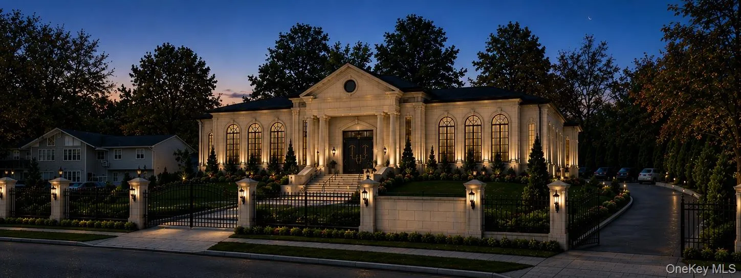 Stone facade residence featuring a grand entrance, multiple arched windows, and extensive exterior lighting Stone facade residence featuring a grand entrance, multiple arched windows, and extensive exterior lighting