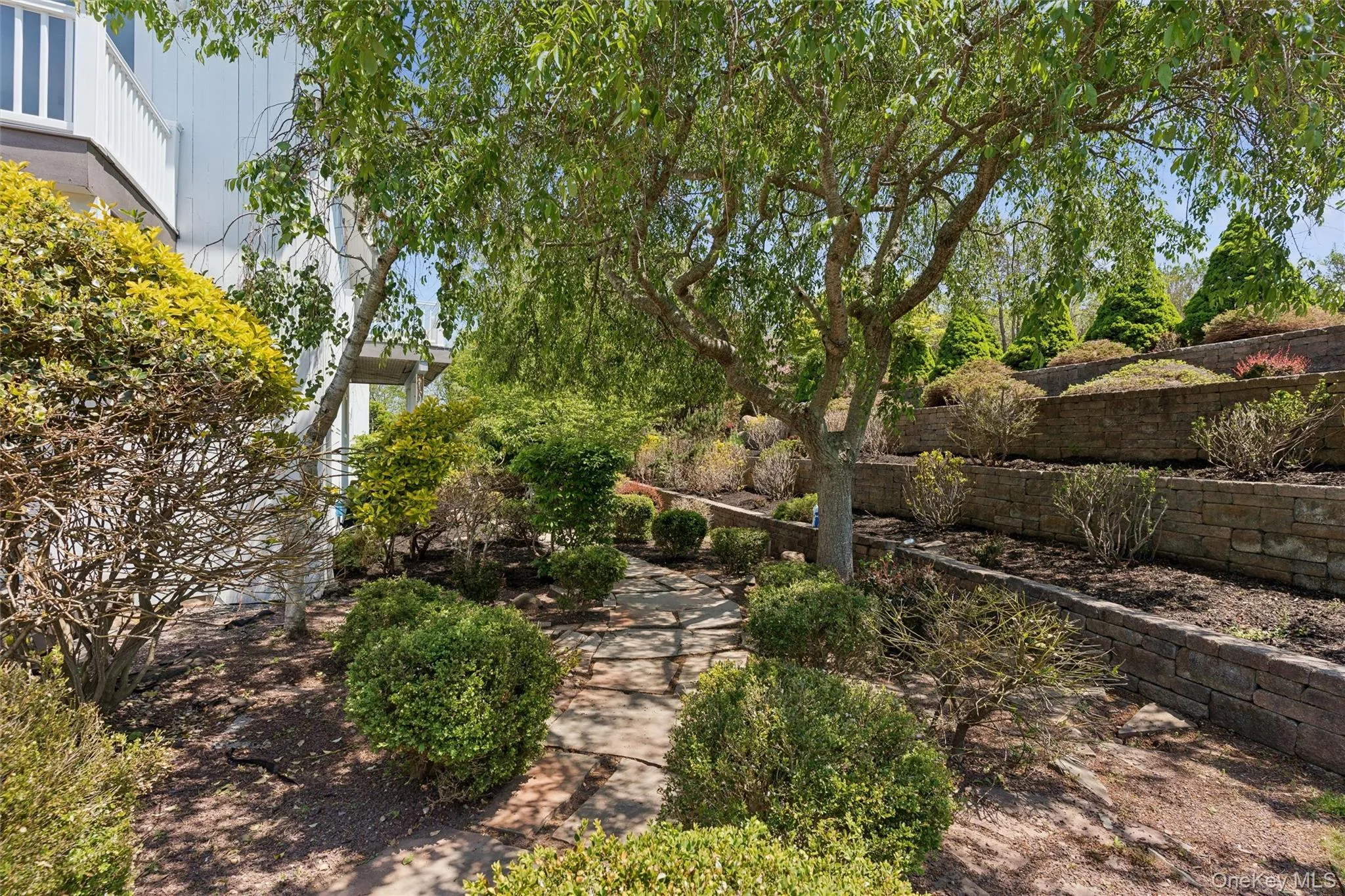 Terraced landscaping featuring stone retaining walls and mature greenery Terraced landscaping featuring stone retaining walls and mature greenery