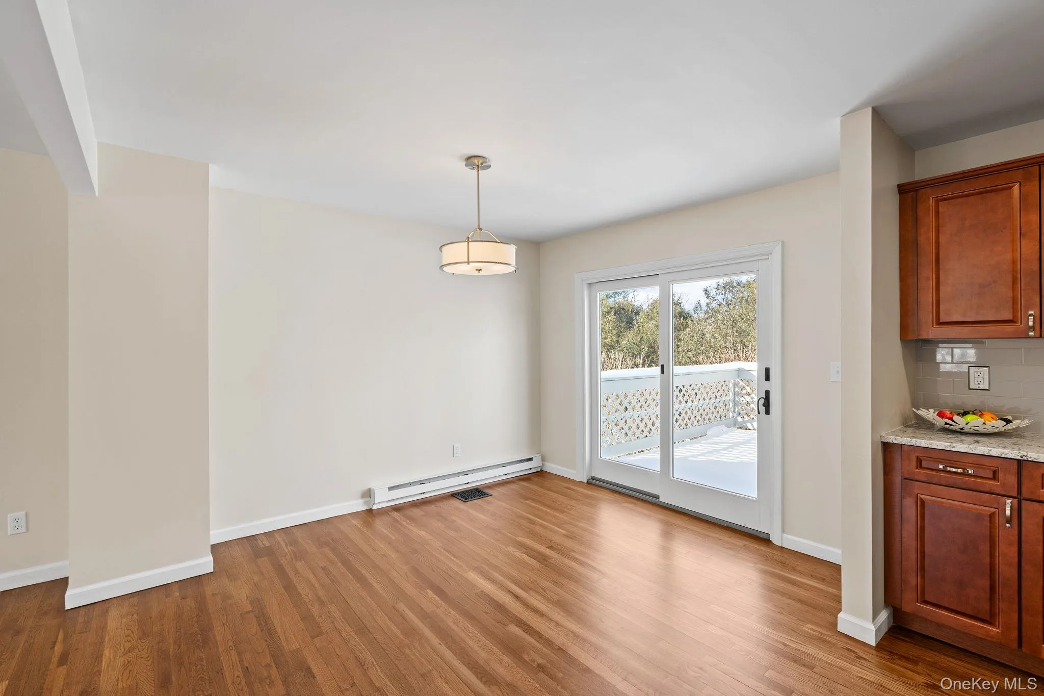 Unfurnished dining area with light hardwood / wood-style flooring and a baseboard heating unit Unfurnished dining area with light hardwood / wood-style flooring and a baseboard heating unit