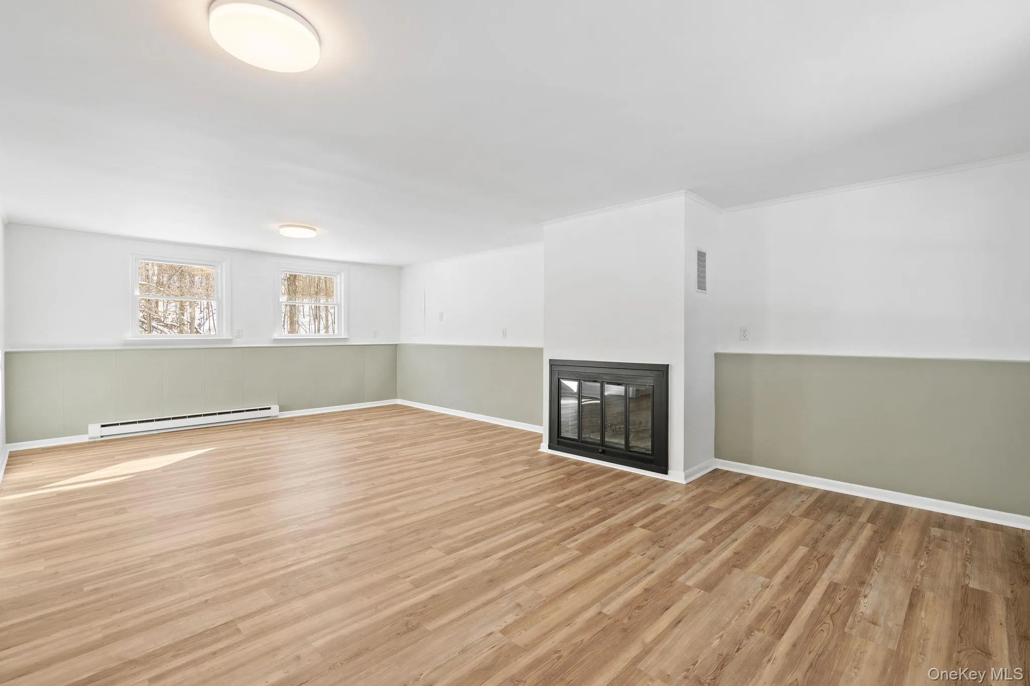 Unfurnished living room with a baseboard radiator, light hardwood / wood-style floors, and a multi sided fireplace Unfurnished living room with a baseboard radiator, light hardwood / wood-style floors, and a multi sided fireplace