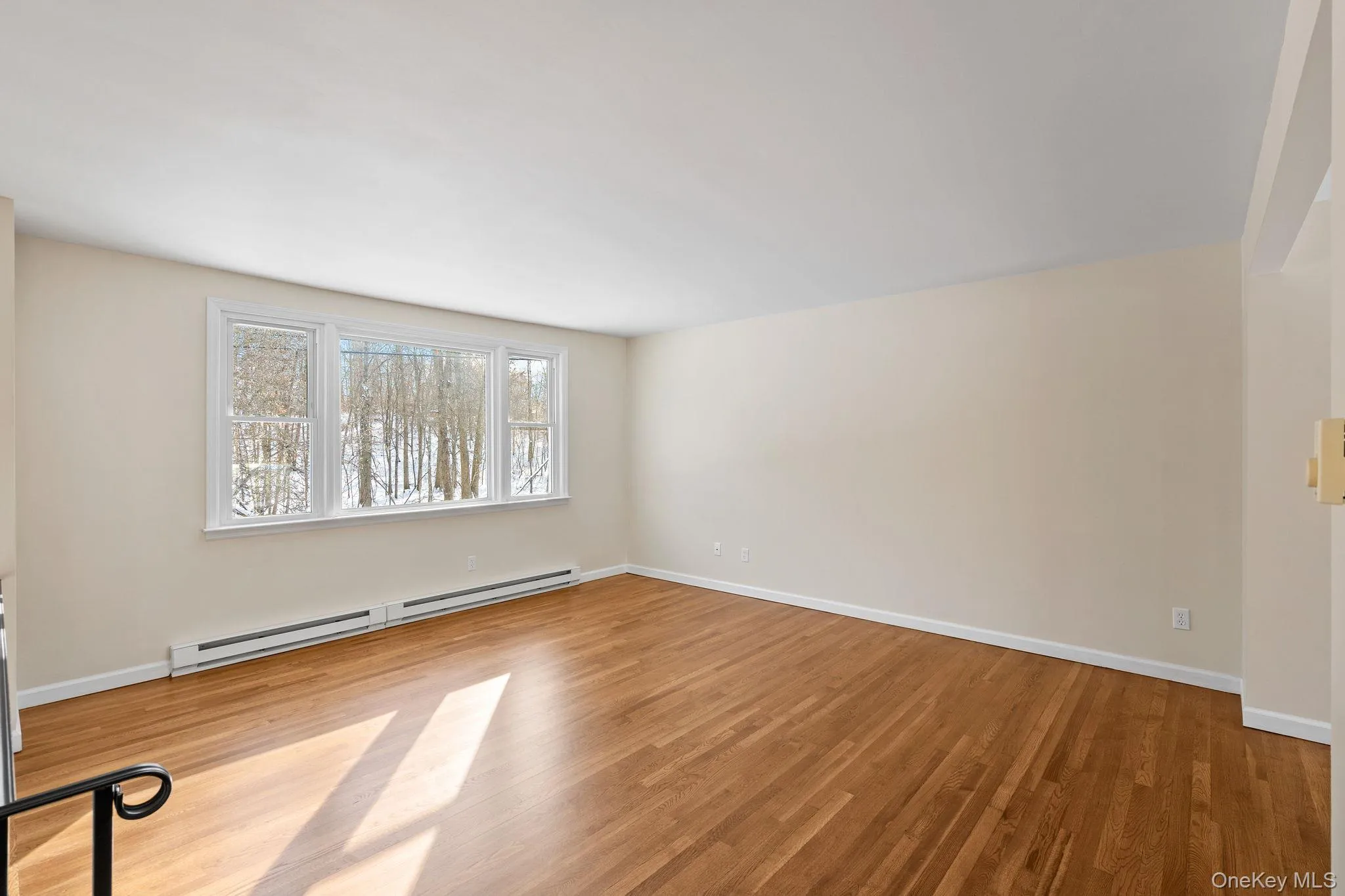 Unfurnished room with wood-type flooring and baseboard heating Unfurnished room with wood-type flooring and baseboard heating