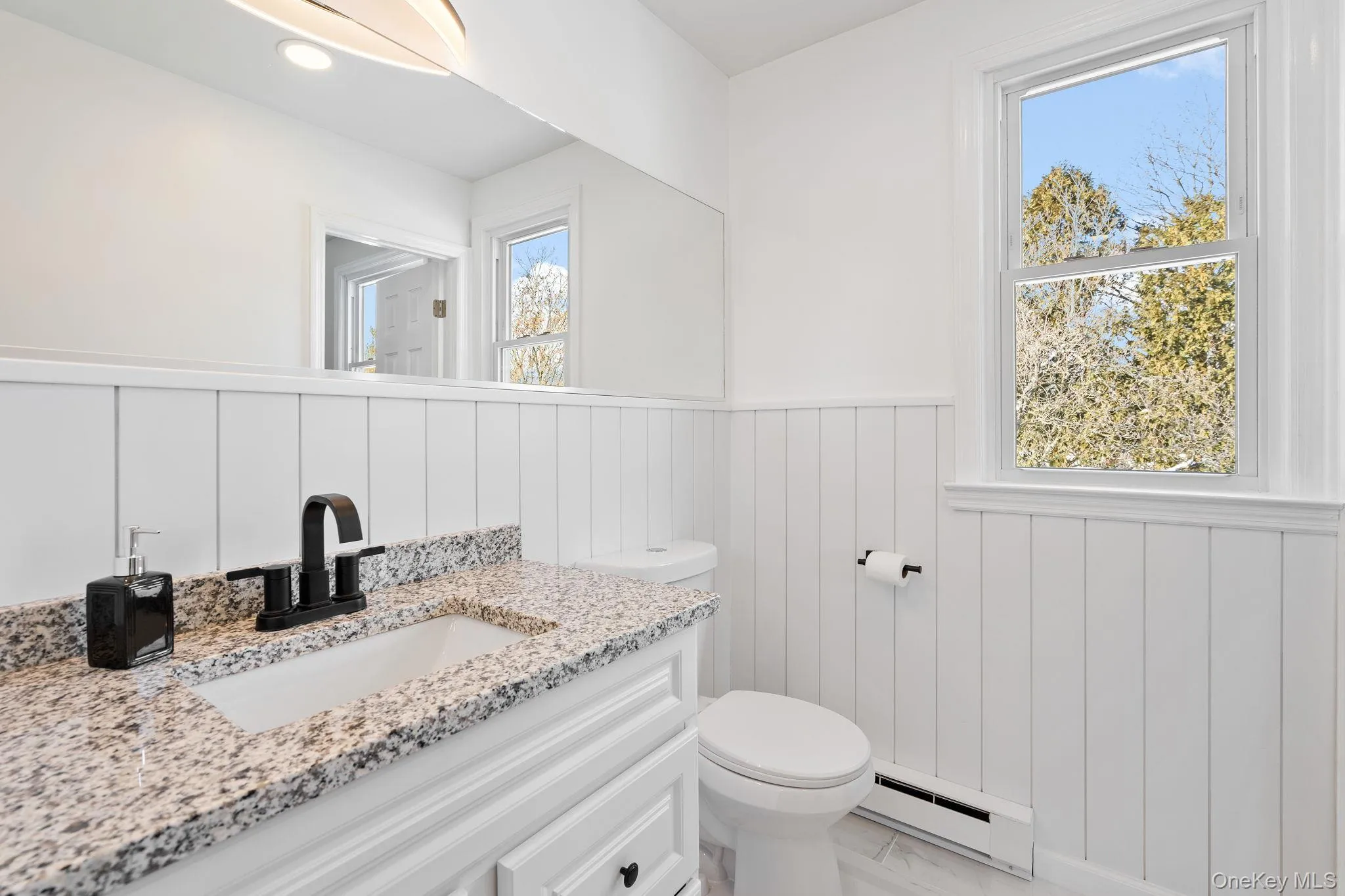 Bathroom featuring vanity, a baseboard radiator, and toilet Bathroom featuring vanity, a baseboard radiator, and toilet