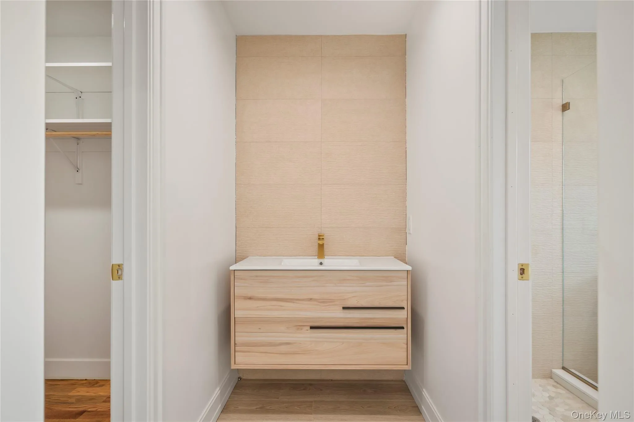 Bathroom with vanity, a stall shower, wood finished floors, and a walk in closet Bathroom with vanity, a stall shower, wood finished floors, and a walk in closet