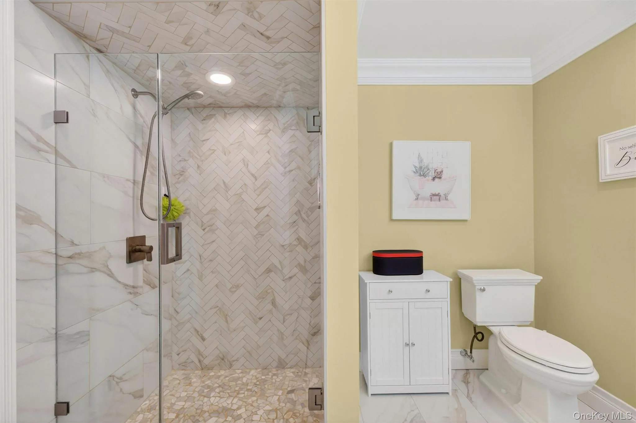 Primary bath, updated tile shower. Primary bath, updated tile shower.
