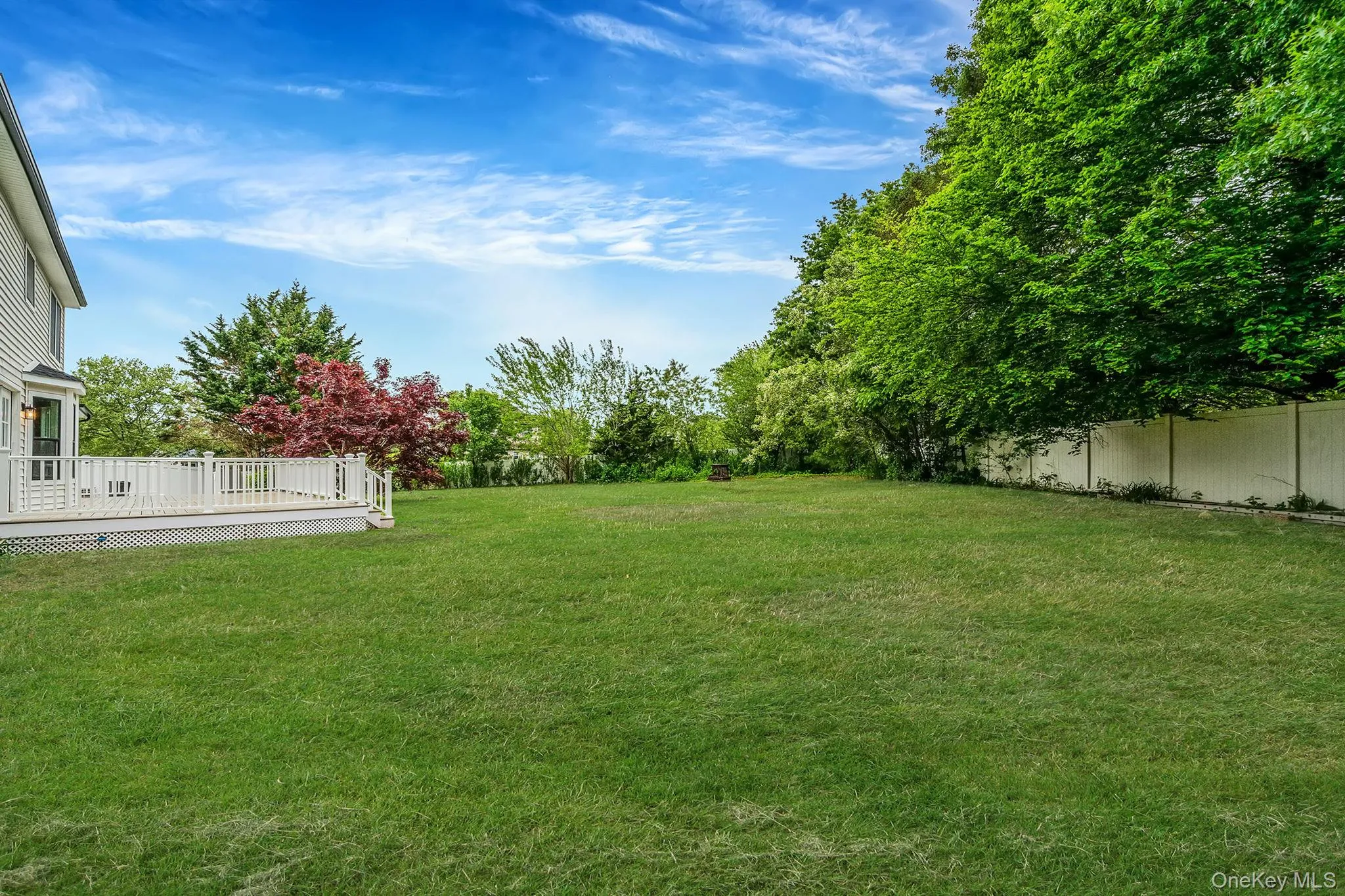 Expansive green lawn with a white composite deck, mature trees, and a privacy fence Expansive green lawn with a white composite deck, mature trees, and a privacy fence