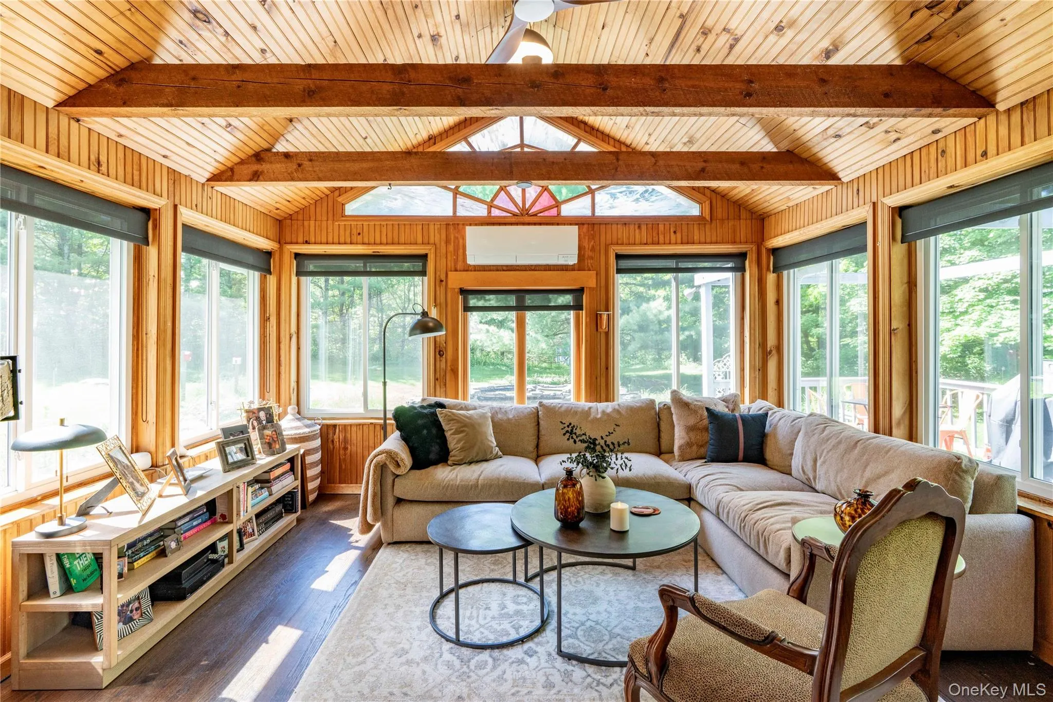 South Facing Light Filled Living Room with Vaulted Wood Beamed Ceiling South Facing Light Filled Living Room with Vaulted Wood Beamed Ceiling