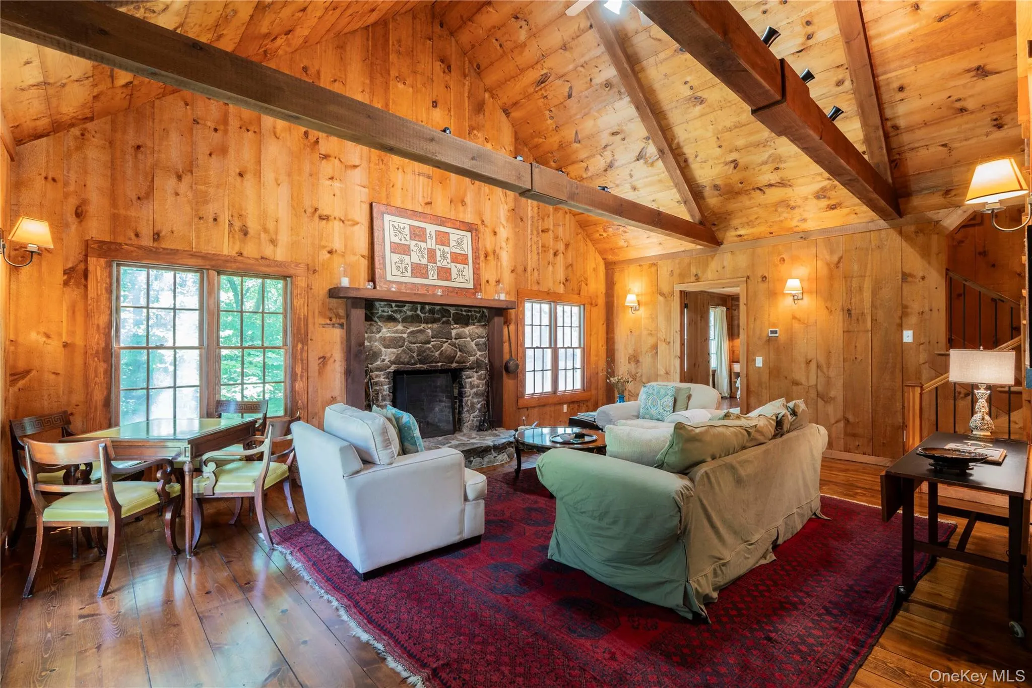 Great Room/Living Room with Wood Cathedral Ceiling & Exposed Beams Great Room/Living Room with Wood Cathedral Ceiling & Exposed Beams