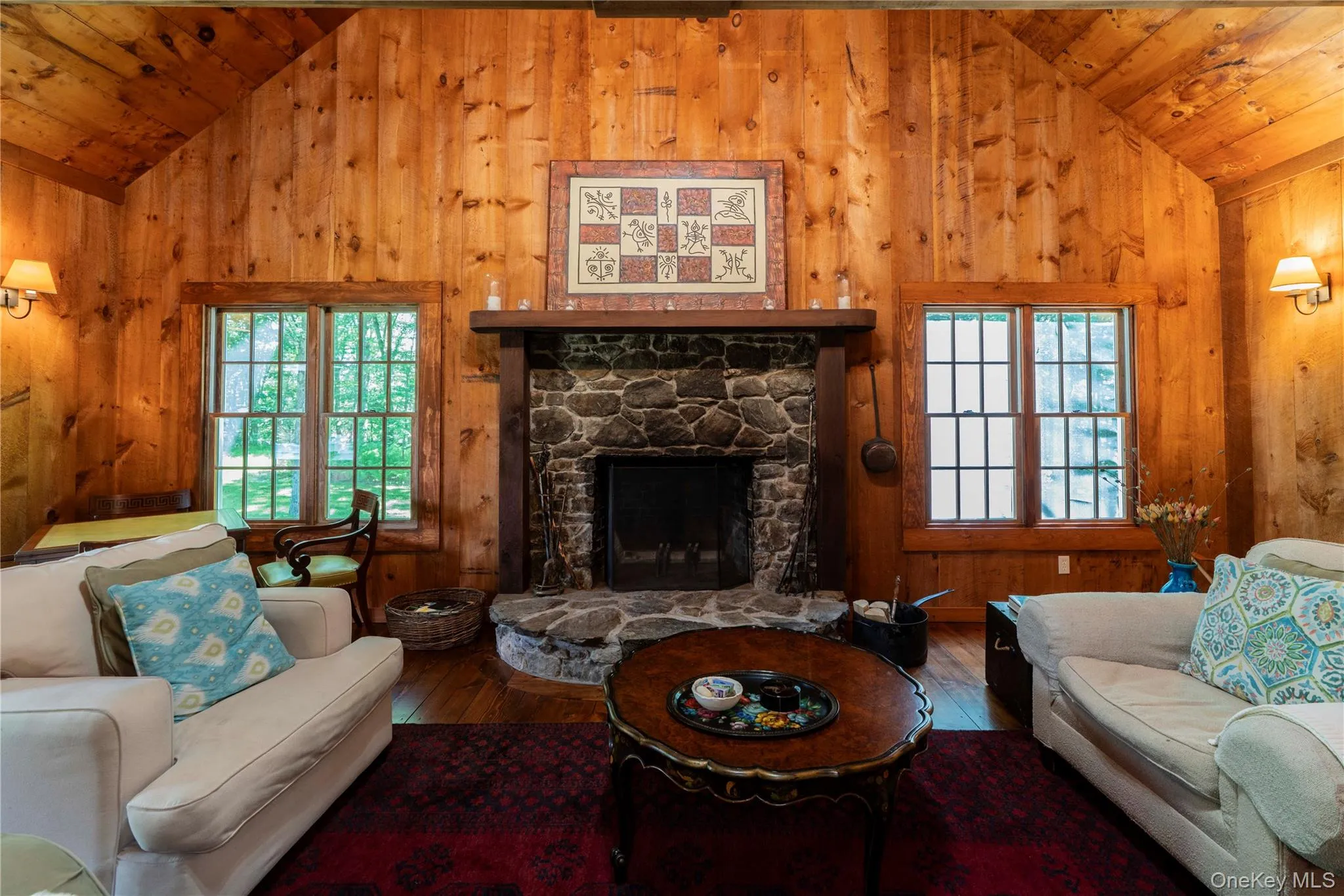 Center of LR Natural Stone Wood Burning Fireplace Center of LR Natural Stone Wood Burning Fireplace