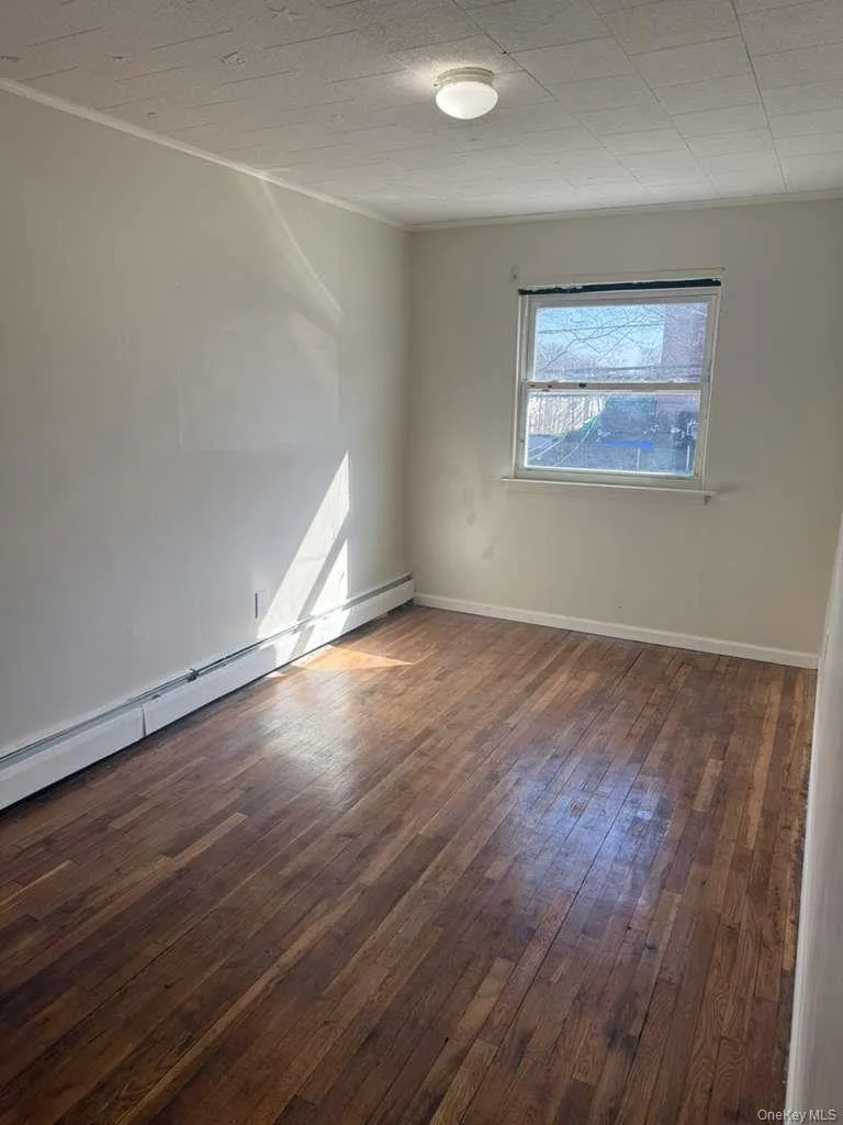 Room featuring wood-finish flooring, white painted walls, a single window, baseboard heating, and a flush-mount ceiling light fixture Room featuring wood-finish flooring, white painted walls, a single window, baseboard heating, and a flush-mount ceiling light fixture