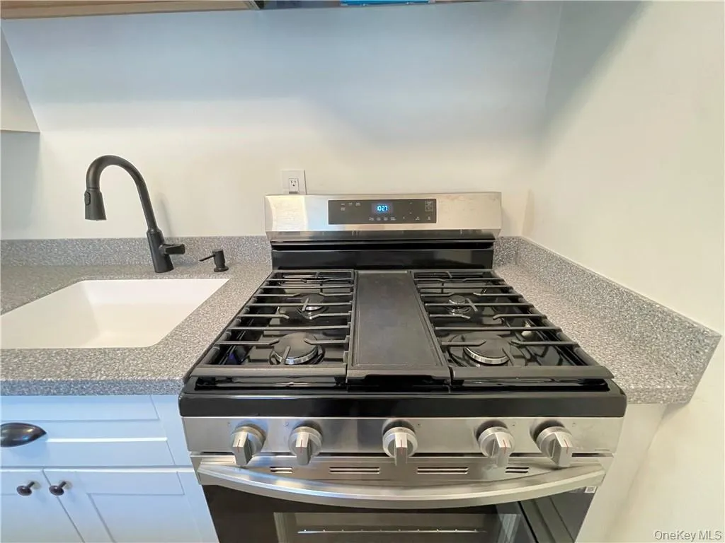 Modern kitchen featuring a stainless steel range with griddle, speckled countertops, a large single-basin sink, and a matte black gooseneck faucet Modern kitchen featuring a stainless steel range with griddle, speckled countertops, a large single-basin sink, and a matte black gooseneck faucet