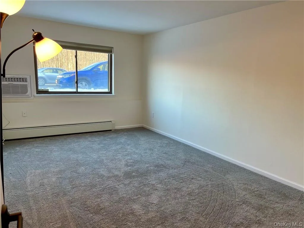 Neutral wall paint, gray carpet flooring, horizontal window, baseboard heating, and a window-mounted air conditioning unit Neutral wall paint, gray carpet flooring, horizontal window, baseboard heating, and a window-mounted air conditioning unit