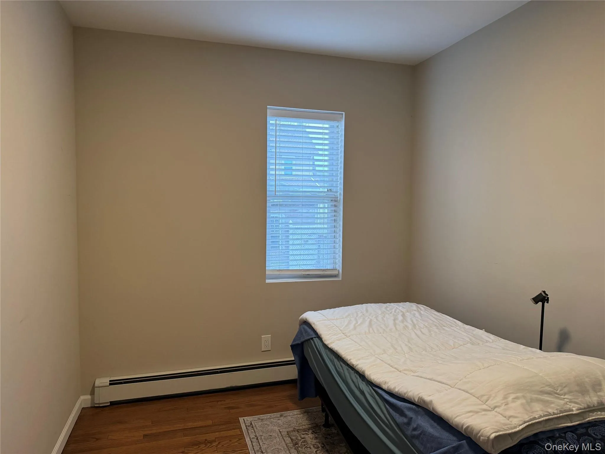 Bedroom featuring a baseboard radiator and dark wood-style flooring Bedroom featuring a baseboard radiator and dark wood-style flooring