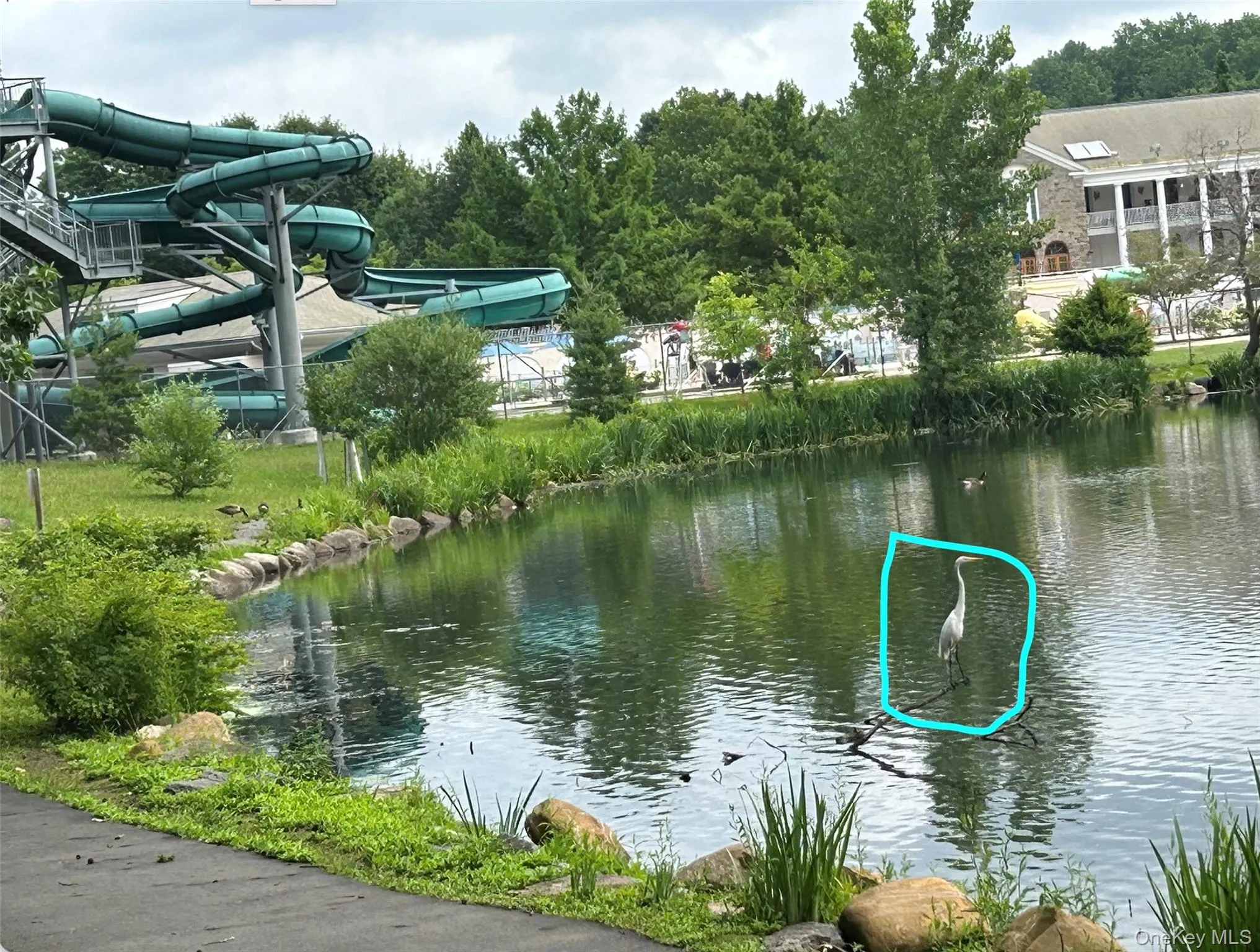 Nearby Tibbetts Brook Park features nature trails around a large lake showing Crane in front ofwater slide & clubhouse. Nearby Tibbetts Brook Park features nature trails around a large lake showing Crane in front ofwater slide & clubhouse.