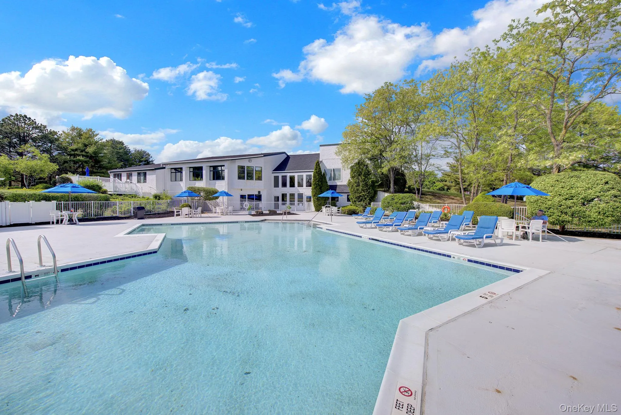 Expansive swimming pool with concrete decking, surrounded by mature trees, and featuring poolside lounge seating and umbrellas Expansive swimming pool with concrete decking, surrounded by mature trees, and featuring poolside lounge seating and umbrellas