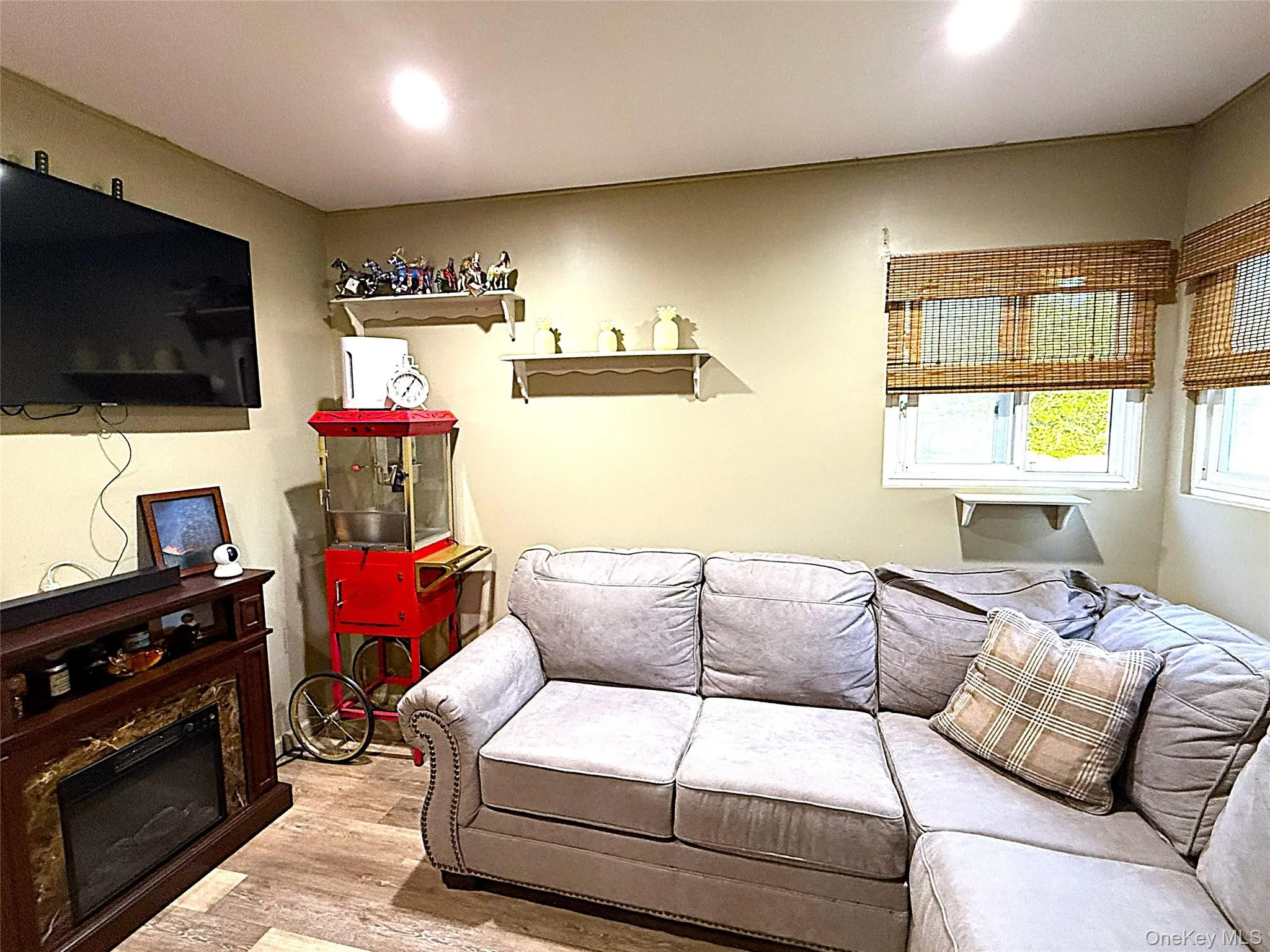 Living area featuring wood-finish flooring, two window openings with woven window treatments, recessed ceiling lighting, and wall-mounted shelving Living area featuring wood-finish flooring, two window openings with woven window treatments, recessed ceiling lighting, and wall-mounted shelving