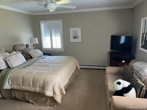 Large Primary Bedroom with Neutral tone walls with crown molding, ceiling fan, window with white plantation shutters, and light-toned carpet Large Primary Bedroom with Neutral tone walls with crown molding, ceiling fan, window with white plantation shutters, and light-toned carpet