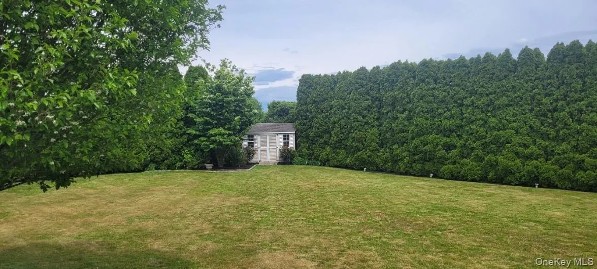 Expansive backyard featuring a manicured lawn, established privacy hedging, and a white storage shed with double doors Expansive backyard featuring a manicured lawn, established privacy hedging, and a white storage shed with double doors