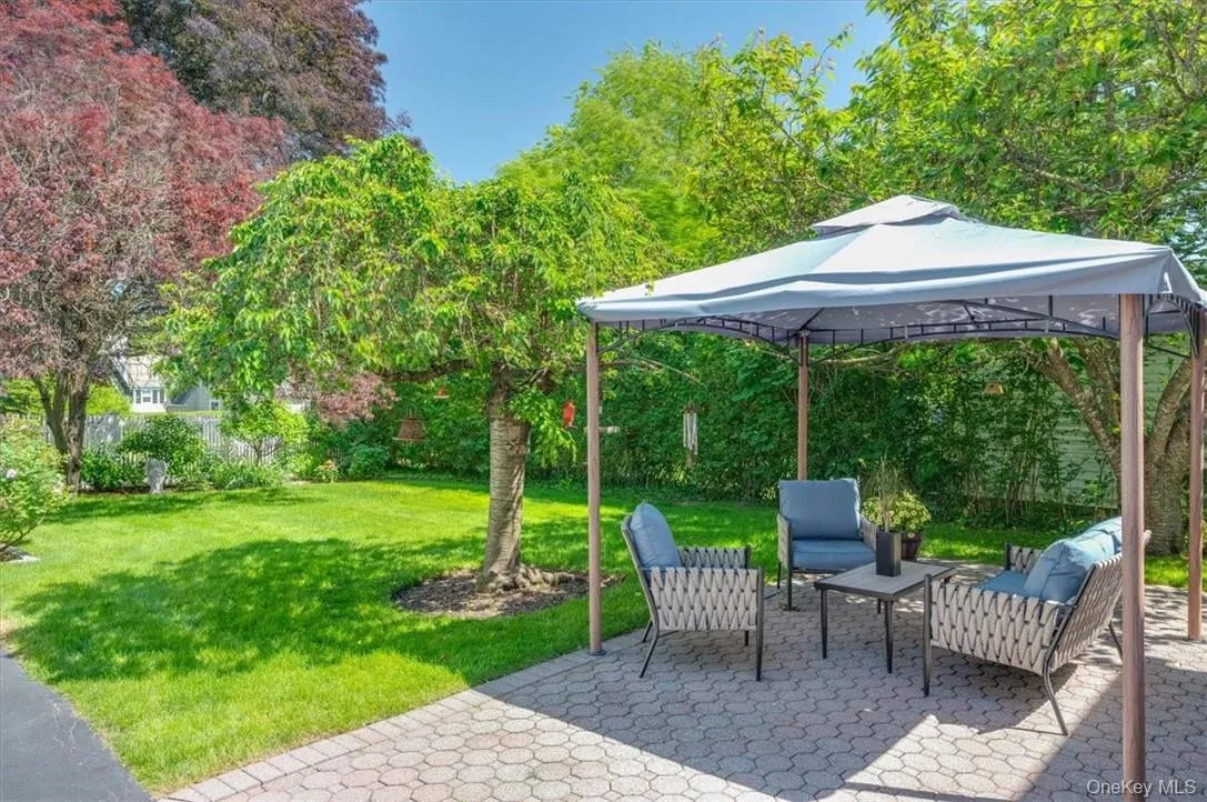 Large level backyard with patio and awning Large level backyard with patio and awning